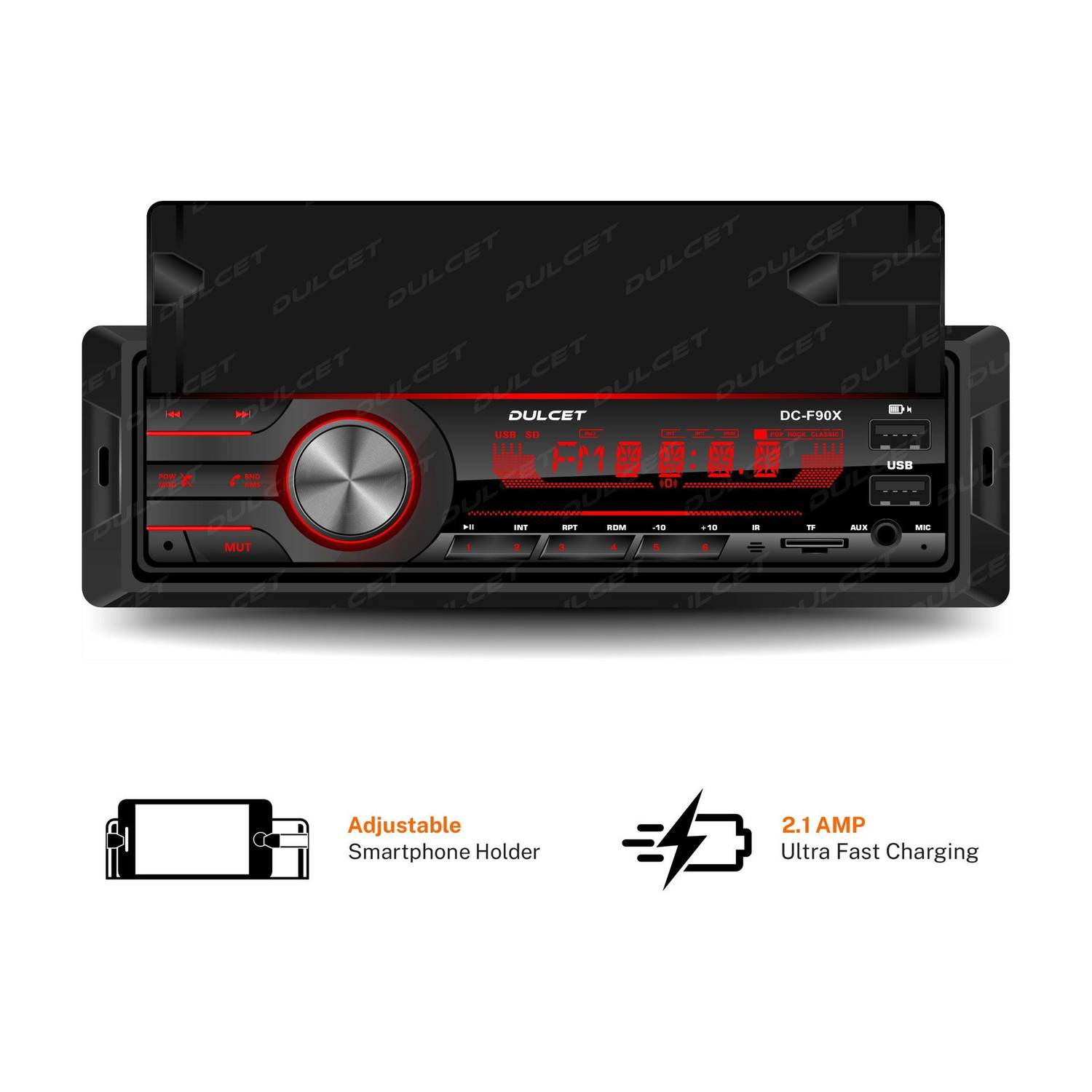 DULCET DC-F90X 220W High Power Stereo Output Universal Fit Single Din Mp3 Car Stereo with in-Built Smartphone Holder | 2.1 Amp Ultra Fast Charging | Dual USB Ports | Bluetooth | Hands-Free Calling | FM Radio | AUX Input | SD Card Slot | Remote Control | 7 Color LCD Display | ID3 Tag with EQ | Bass | Treble | Balance & Fader Control DC-F90X Car Stereo