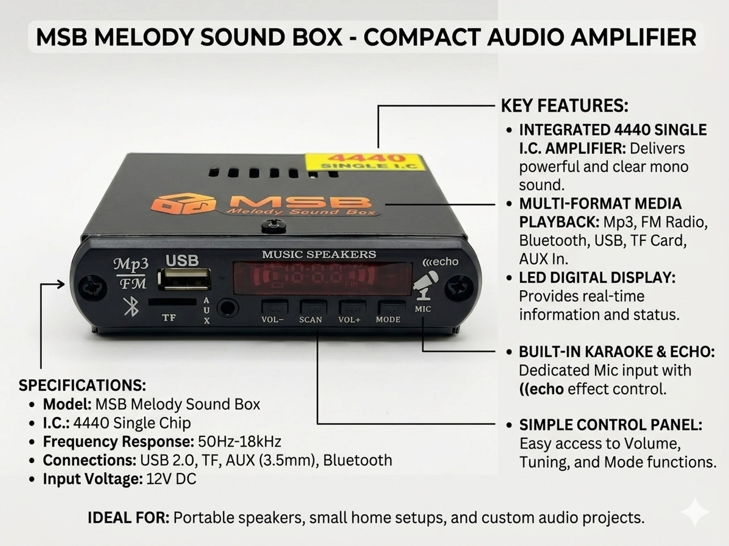 Image of MSB MINI AMPLIFIER WITH BT /AUX /USB /SD PERFECT FOR ALL TYPES 2 ,,3,4 WHEELERS 12 W AV Control Amplifier