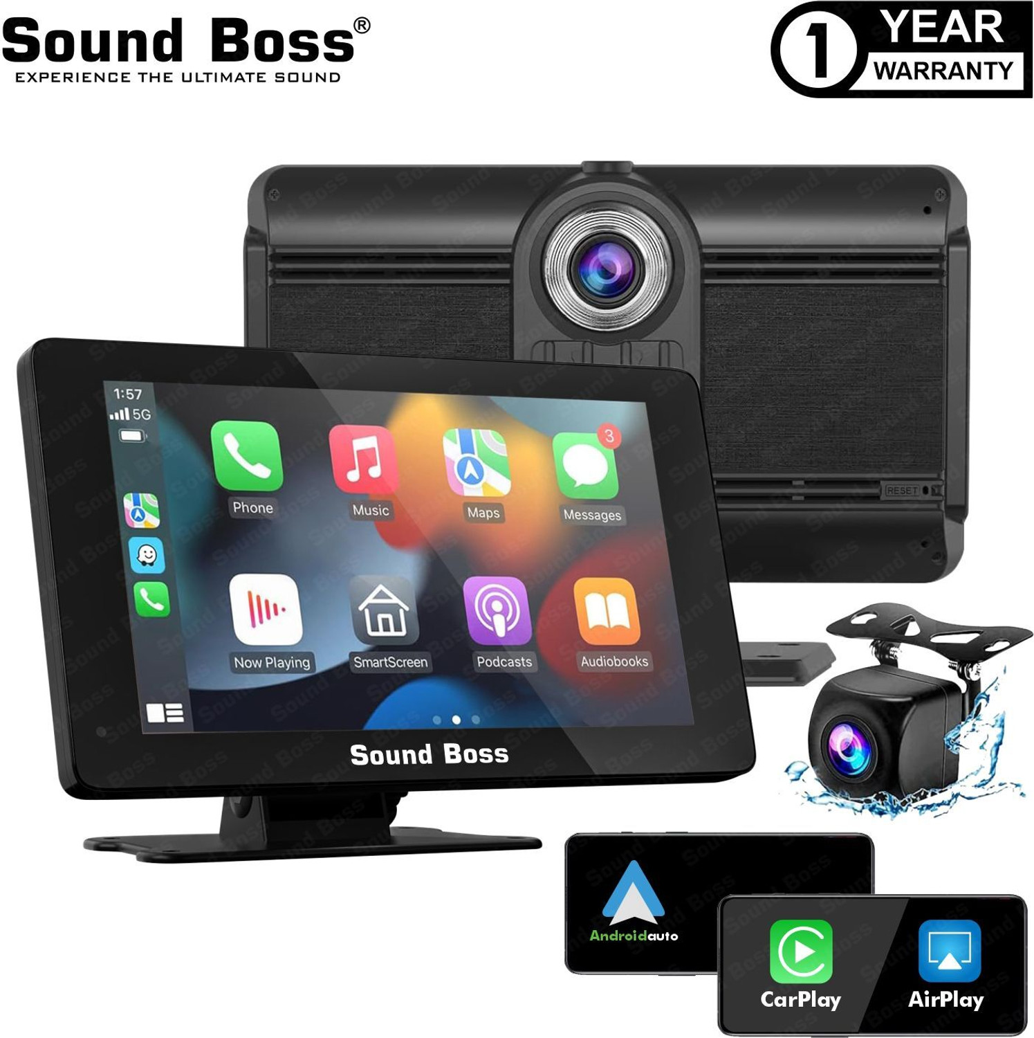 Image of Sound Boss 7 inch Smart Screen with CarPlay /Android Auto & In-Built Dual Dashcam Car Stereo