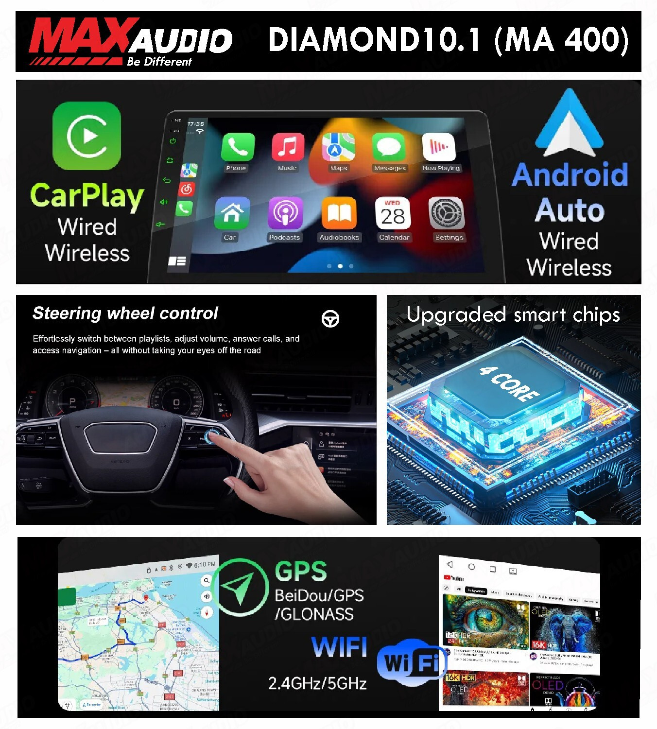 Image of Max Audio AndroMax MA-400 Diamond 10.1 inch|4GB /64GB| CarPlay & Android Auto | DSP |Android Car Stereo