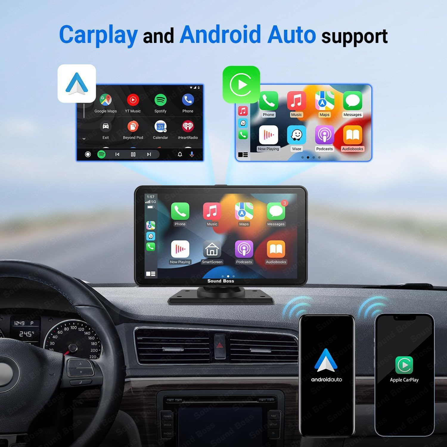 Image of Sound Boss 7 inch Smart Screen with CarPlay /Android Auto & In-Built Dual Dashcam Car Stereo