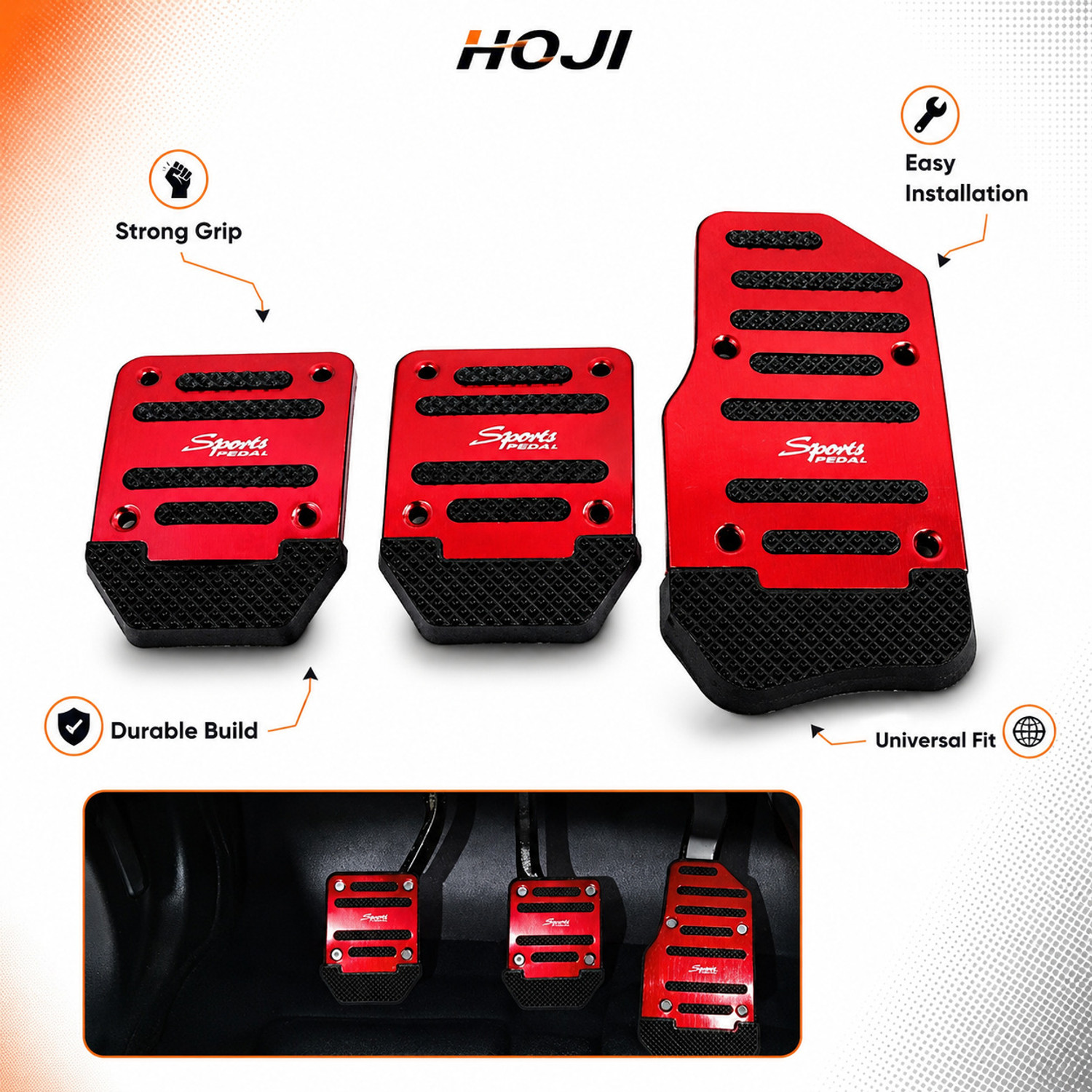 Image of HOJI 3-Piece Car Pedal Cover Set for Manual Cars Anti-Slip Red Black Sports covers. Car Pedal