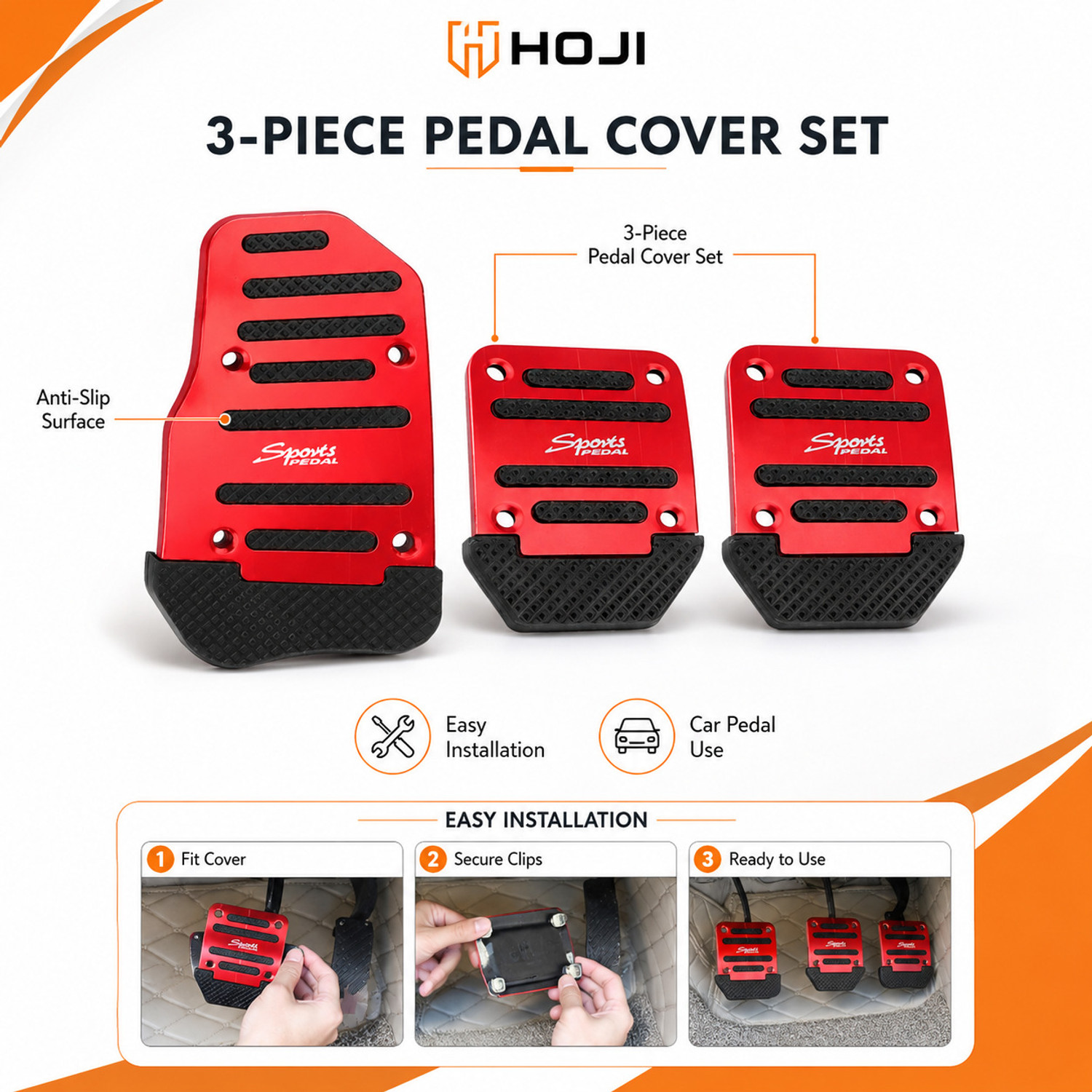Image of HOJI 3-Piece Car Pedal Cover Set for Manual Cars Anti-Slip Red Black Sports covers. Car Pedal
