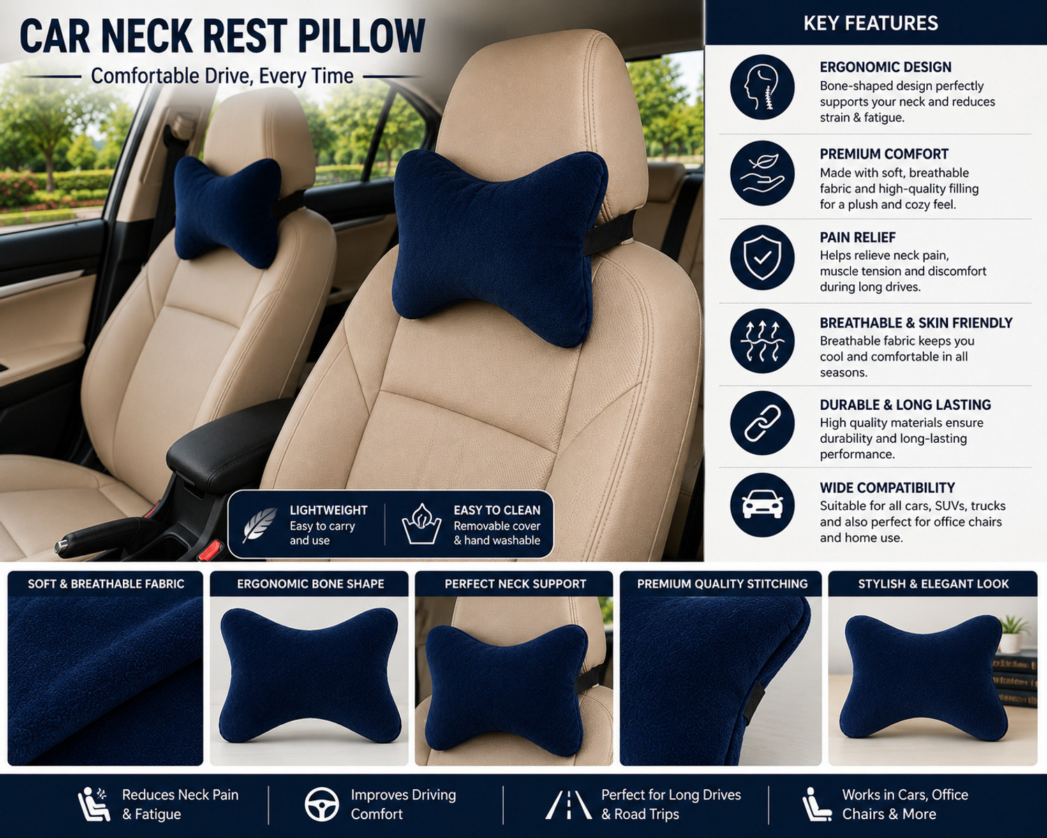 Image of Ethava Blue Cotton Car Pillow Cushion for Bajaj, Fiat, Force, Ford, Honda, Hyundai, Isuzu, Kia, MG, Mahindra, Maruti Suzuki