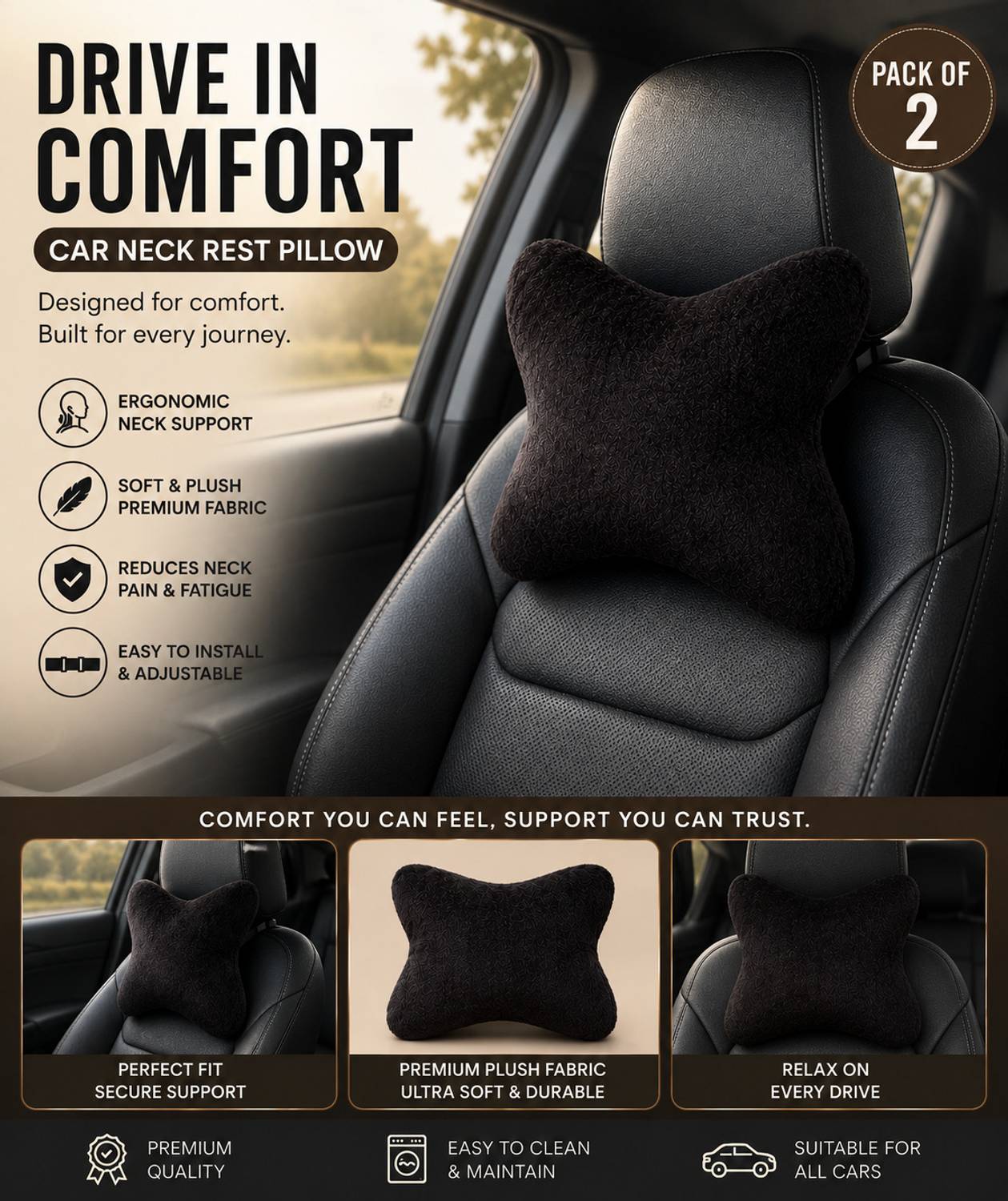 kioni Black Polyester Car Pillow Cushion - Image 1