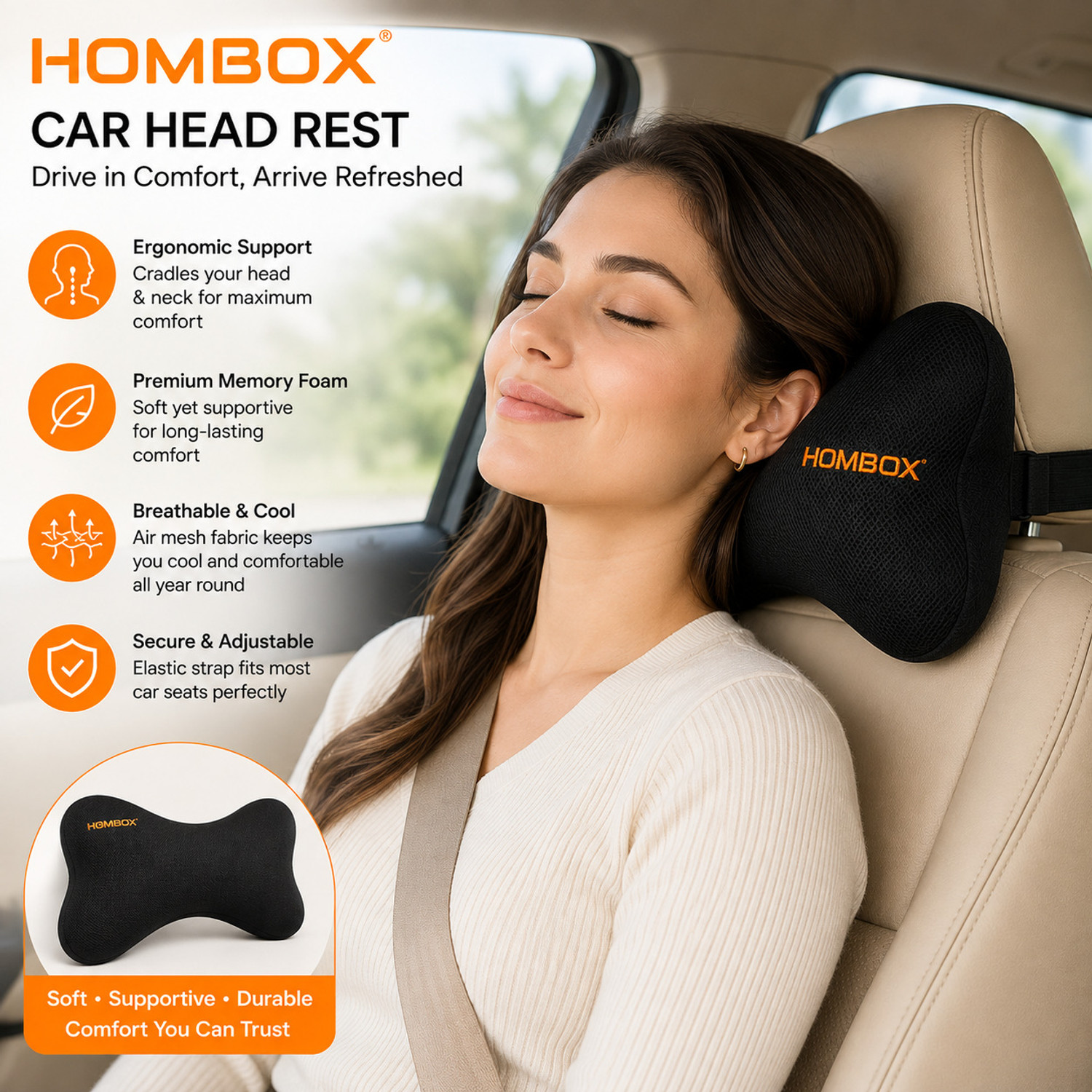 Image of HOMBOX Black Memory Foam Car Pillow Cushion for Universal For Car