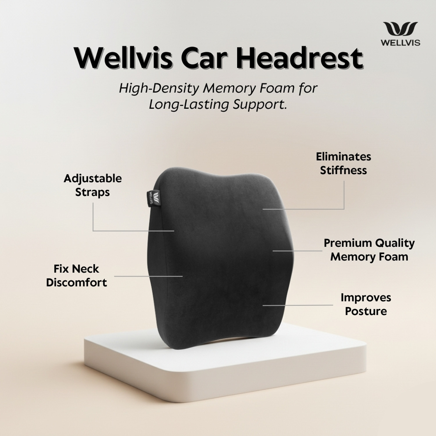 Image of Wellvis Black Memory Foam Car Pillow Cushion for Universal For Car