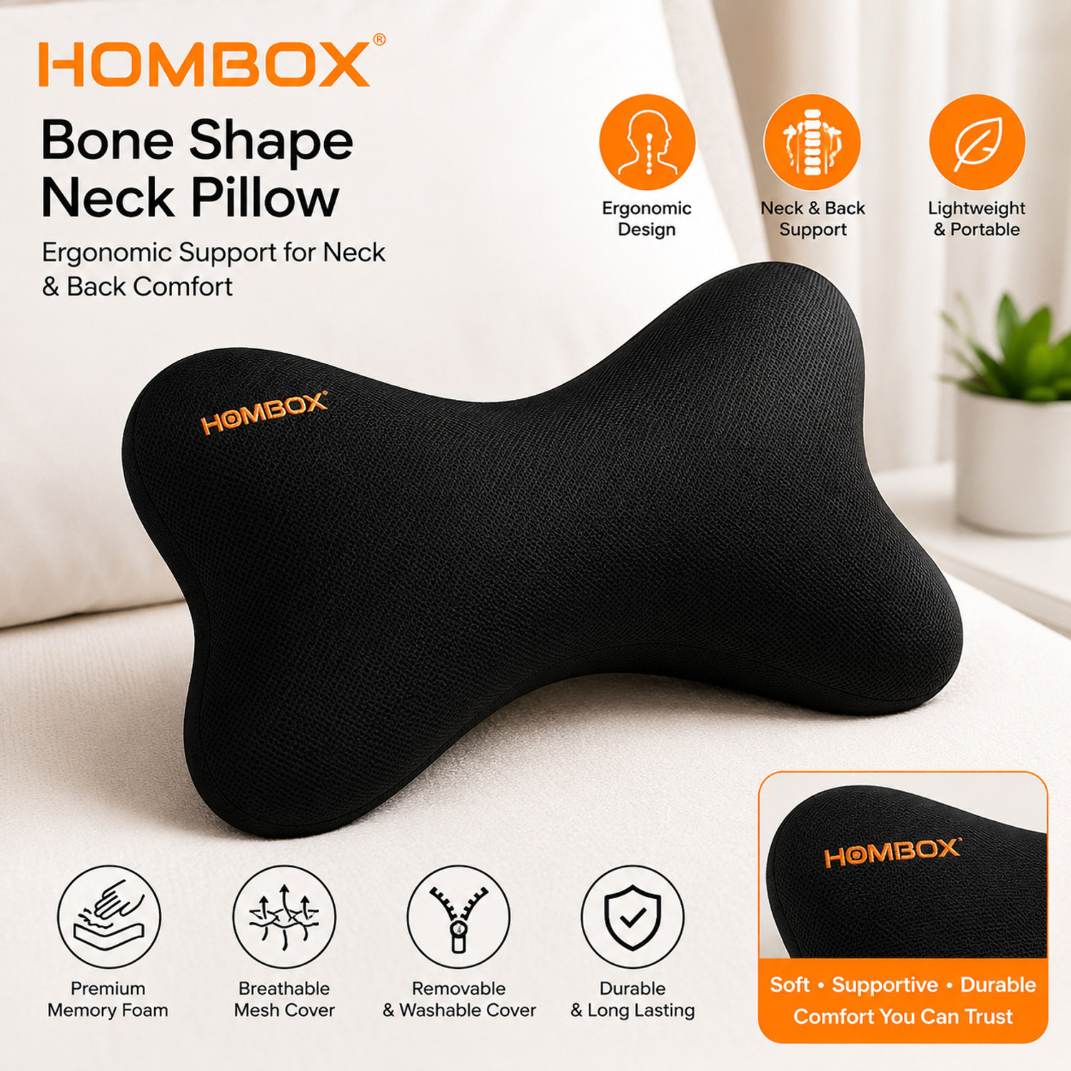 Image of HOMBOX Black Memory Foam Car Pillow Cushion for Universal For Car