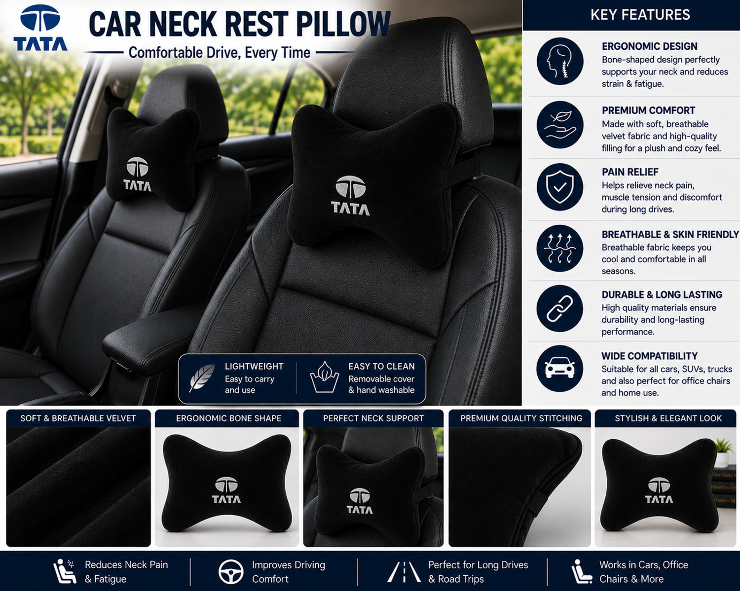 Image of kioni Black Polyester Car Pillow Cushion for Tata