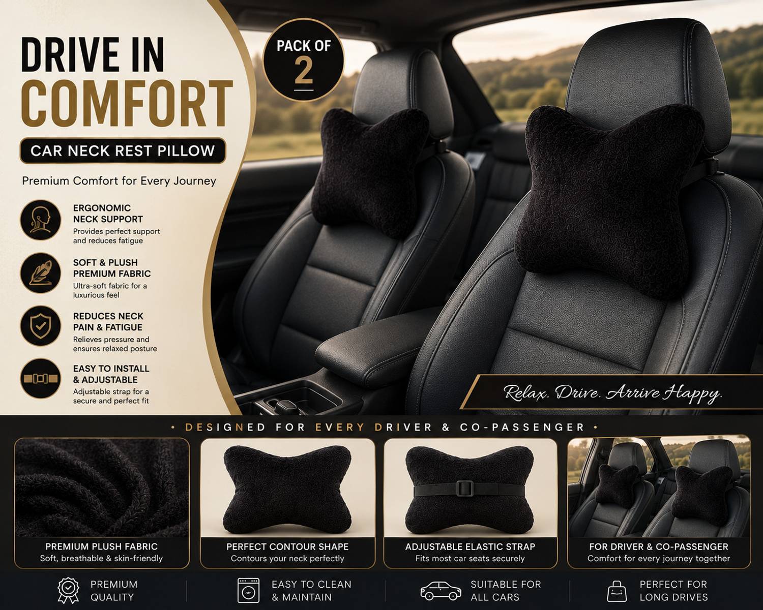 kioni Black Polyester Car Pillow Cushion - Image 3