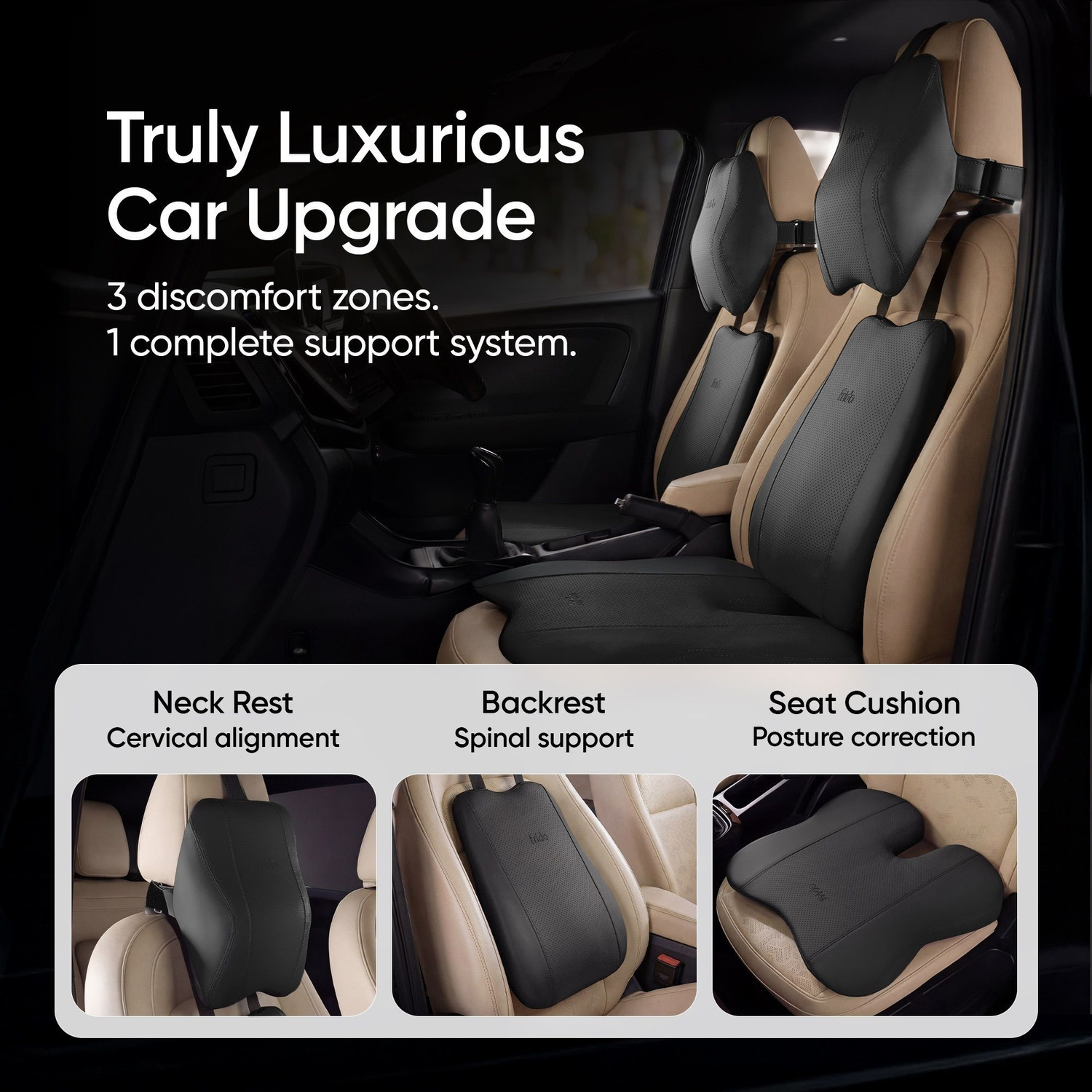 Image of Frido Black Leatherite Car Pillow Cushion for Universal For Car