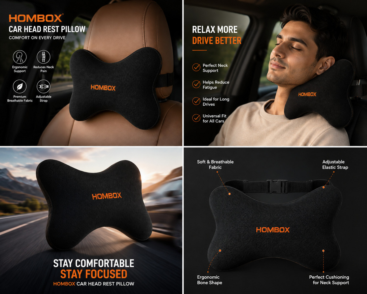 Image of HOMBOX Black Memory Foam Car Pillow Cushion for Universal For Car