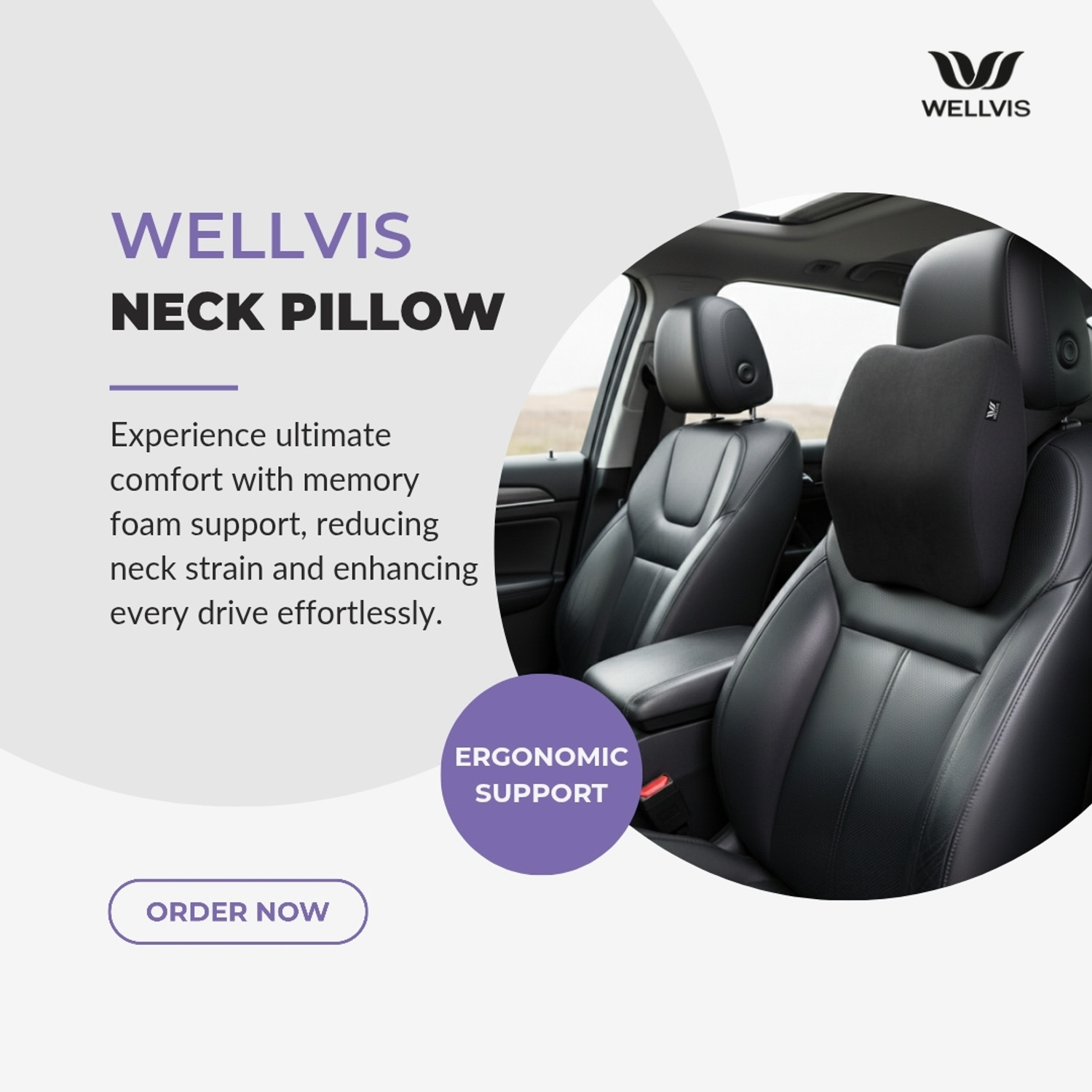 Image of Wellvis Black Memory Foam Car Pillow Cushion for Universal For Car