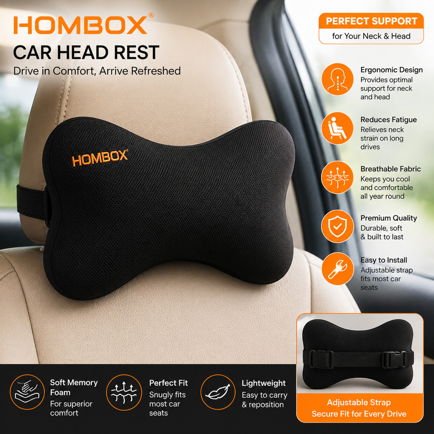 Image of HOMBOX Black Memory Foam Car Pillow Cushion for Universal For Car