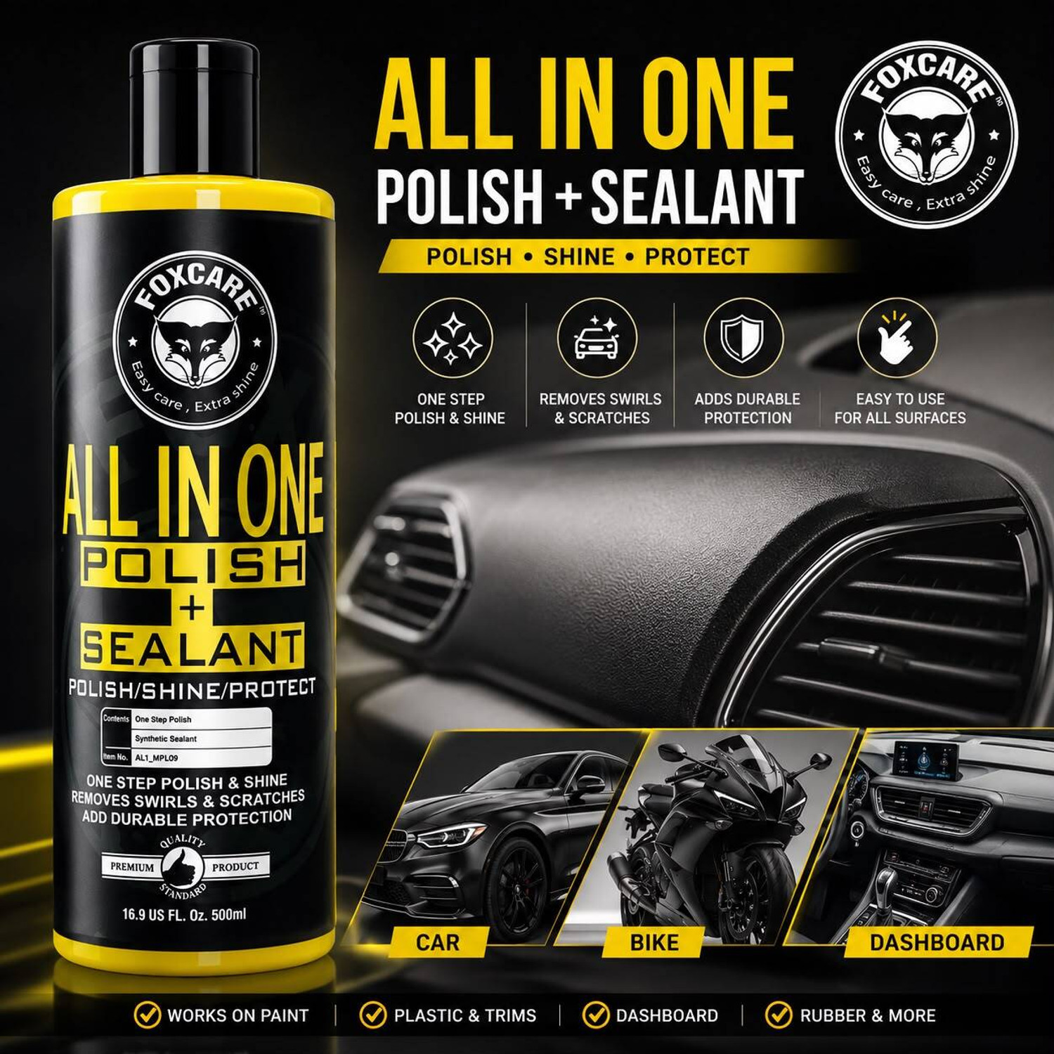 Image of FOXCARE Liquid Car Polish for Exterior, Dashboard, Metal Parts, Tyres, Leather, Headlight, Chrome Accent