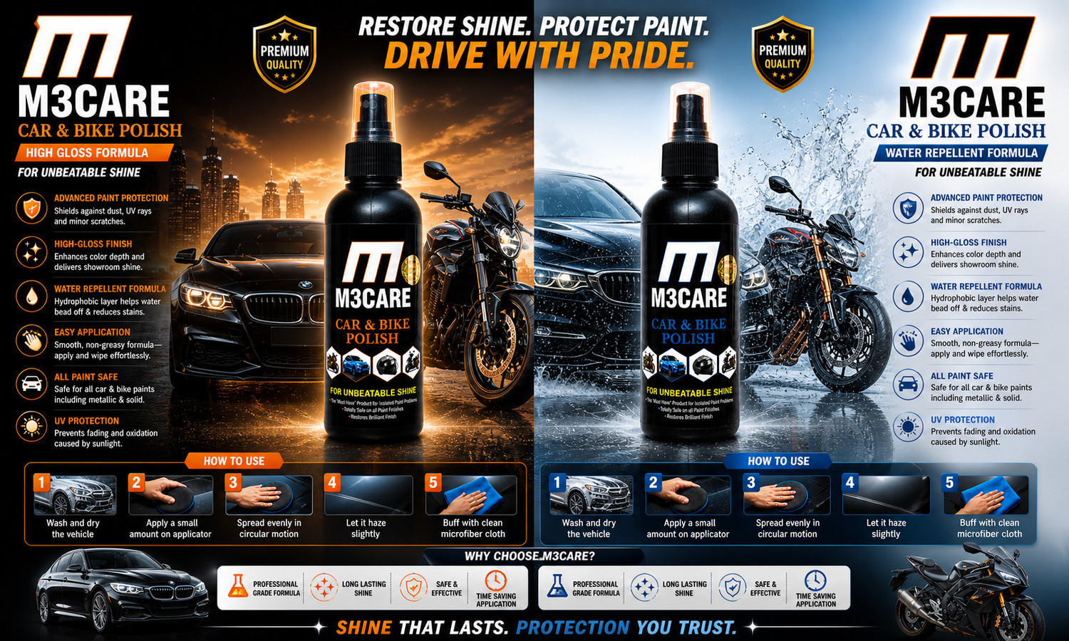Image of M3CARE Liquid Car Polish for Exterior, Dashboard