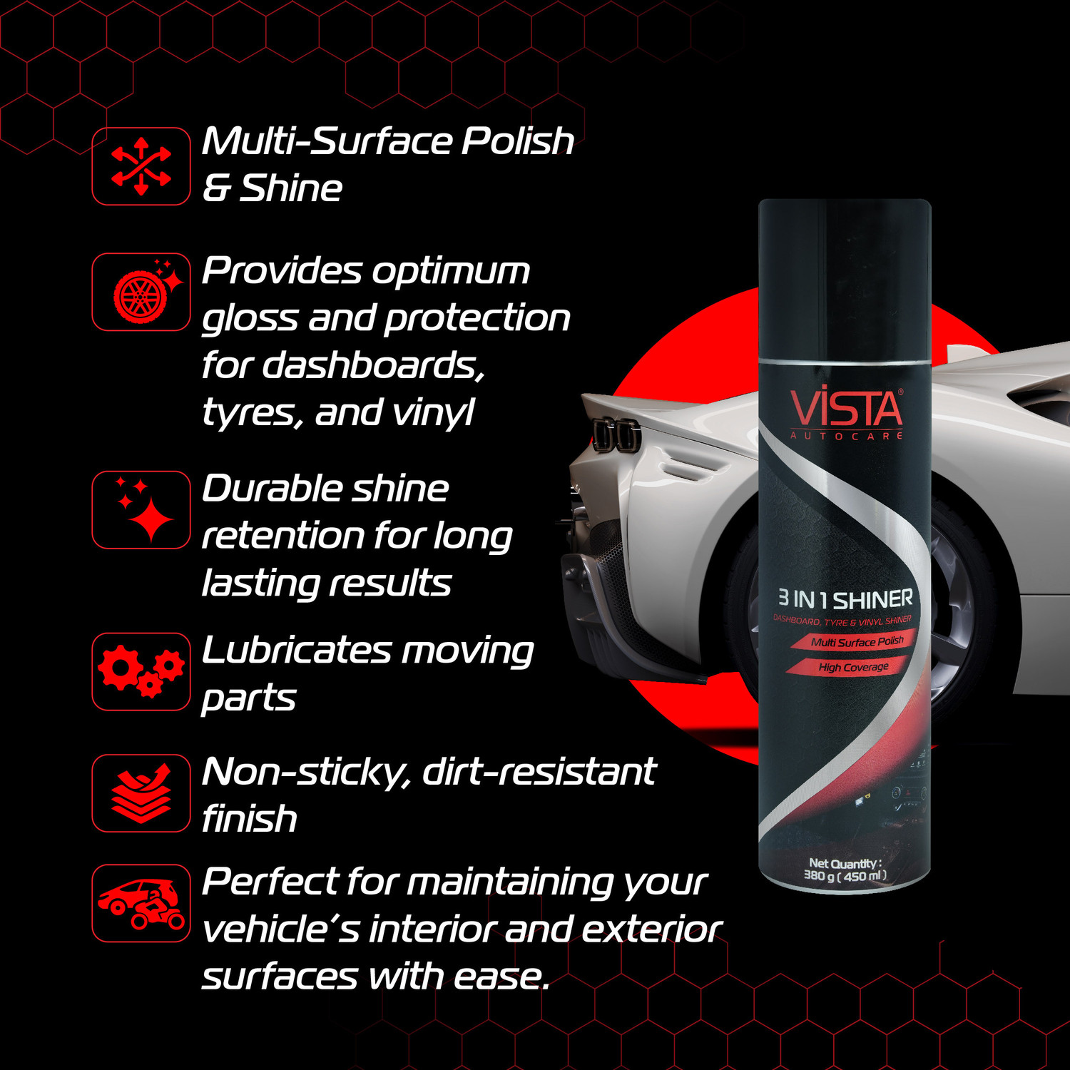 Image of Vista Auto Care Liquid Car Polish for Dashboard, Bumper, Tyres, Exterior, Leather