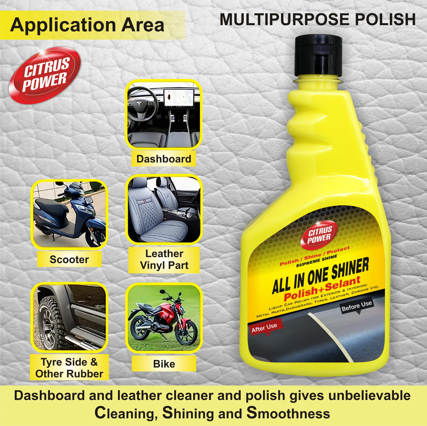 Image of CITRUS POWER Liquid Car Polish for Bumper, Chrome Accent, Dashboard, Exterior, Headlight, Leather, Metal Parts, Tyres