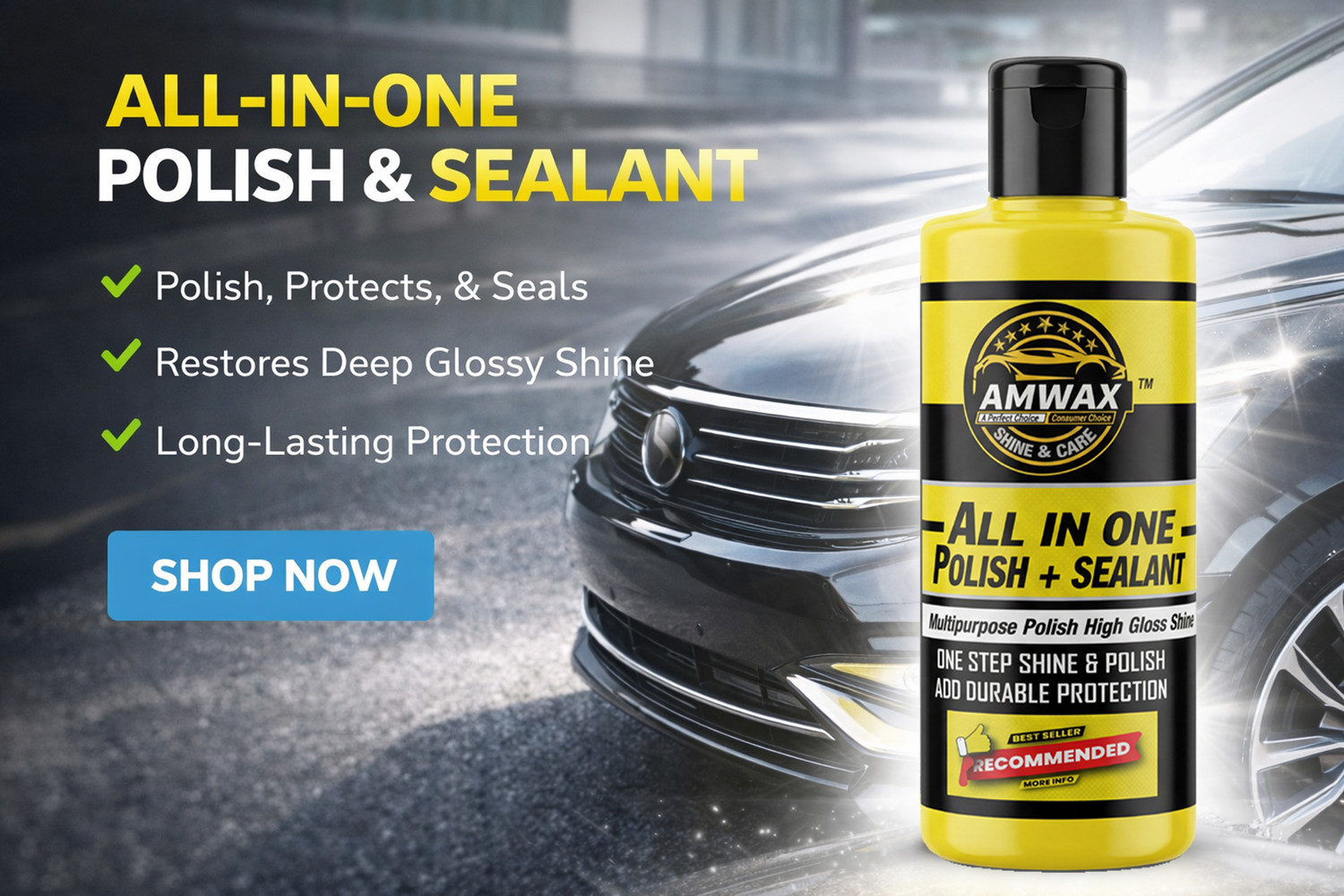 Image of amwax All In One Polish And Sealant 500 ml, Tyre Shine Glossy 500 ml, 2 Applicator Combo