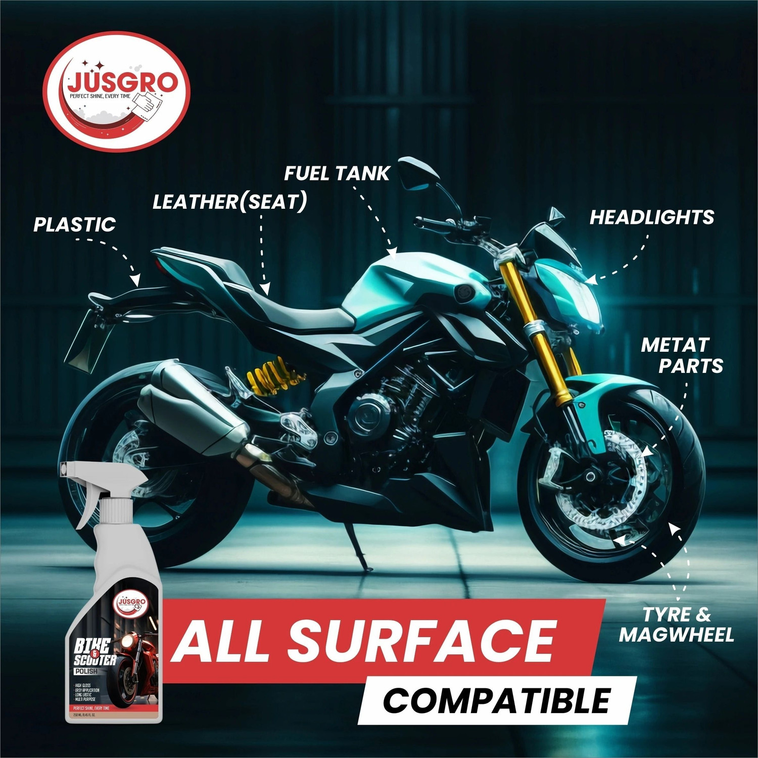 Image of JusGro Liquid Car Polish for Chrome Accent, Bumper, Dashboard, Exterior, Headlight, Leather, Metal Parts, Tyres, Windscreen