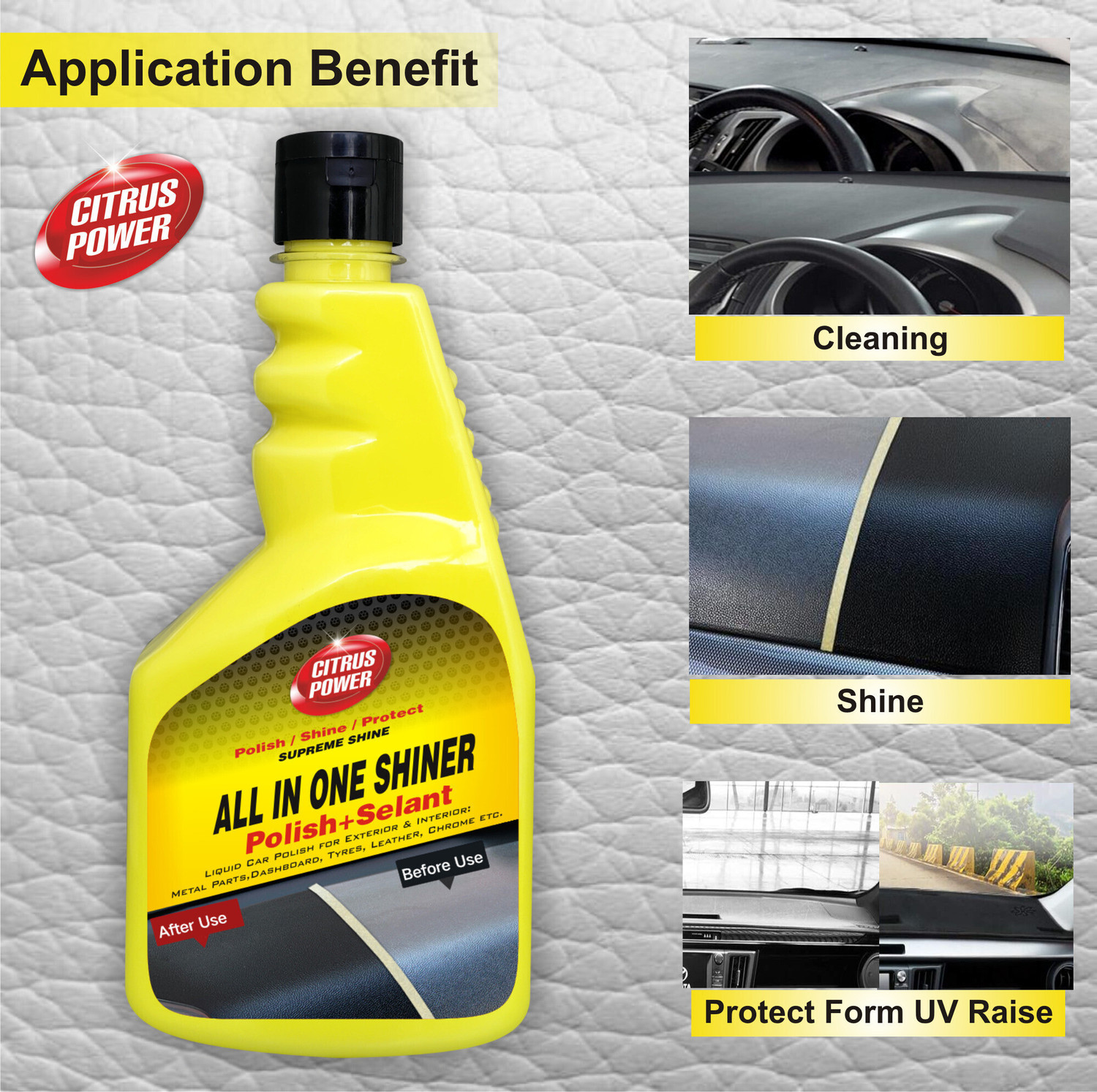 Image of CITRUS POWER Liquid Car Polish for Bumper, Chrome Accent, Dashboard, Exterior, Headlight, Leather, Metal Parts, Tyres