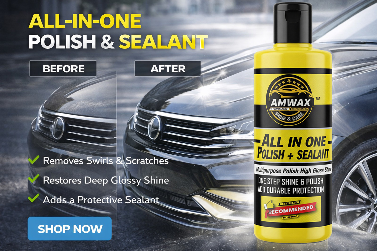 Image of amwax All In One Polish And Sealant 500 ml, Tyre Shine Glossy 500 ml, 2 Applicator Combo