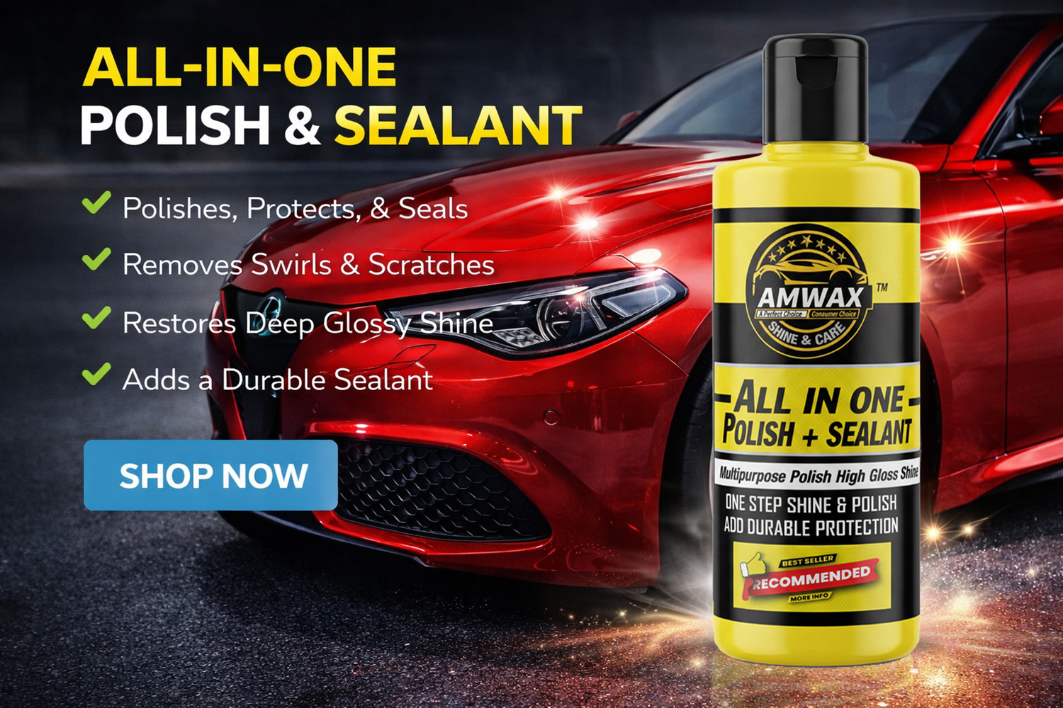 Image of amwax All In One Polish And Sealant 500 ml, Tyre Shine Glossy 500 ml, 2 Applicator Combo