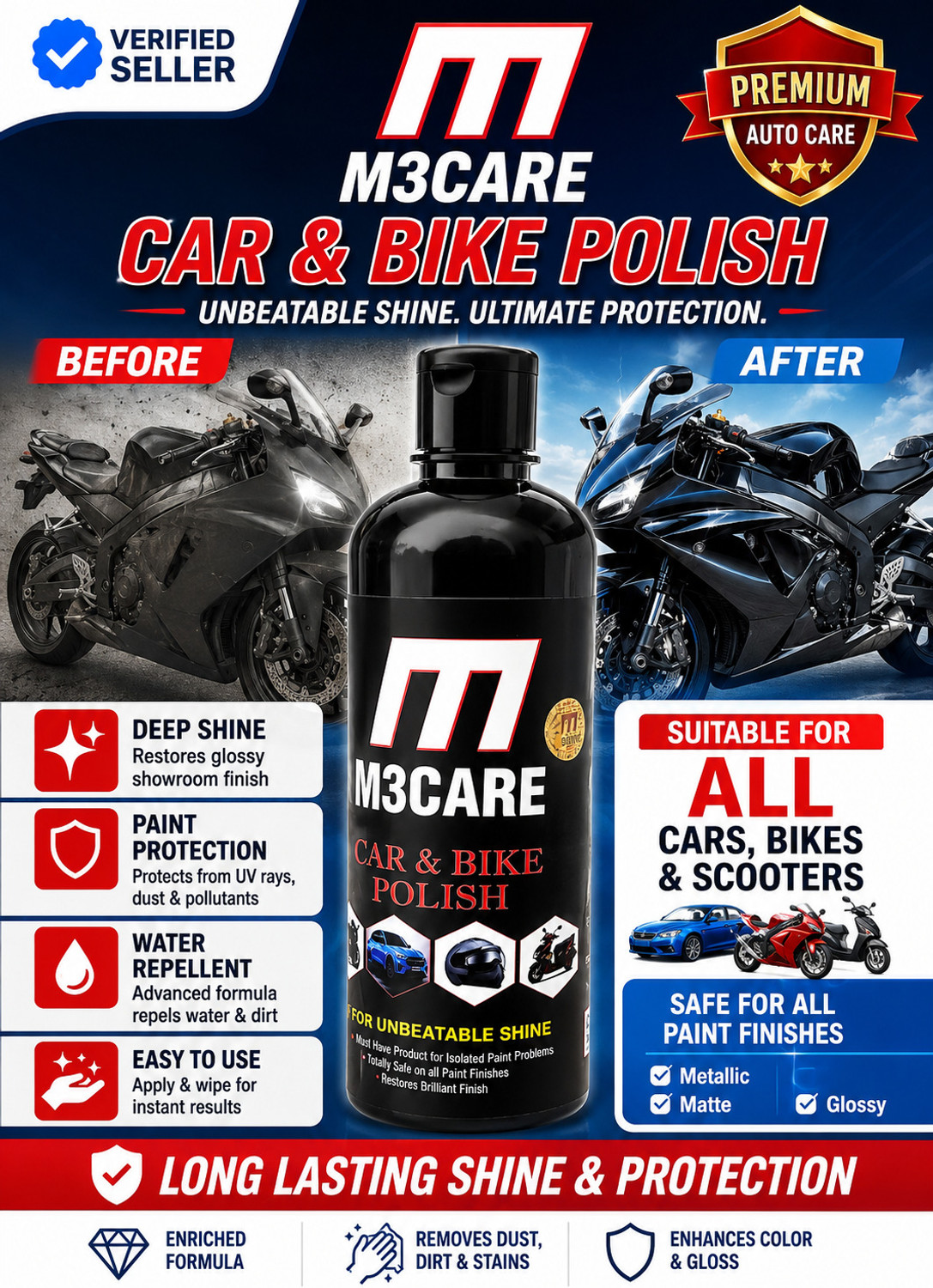 Image of M3CARE Liquid Car Polish for Exterior, Dashboard