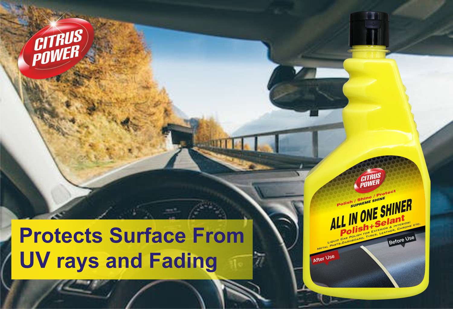 Image of CITRUS POWER Liquid Car Polish for Bumper, Chrome Accent, Dashboard, Exterior, Headlight, Leather, Metal Parts, Tyres