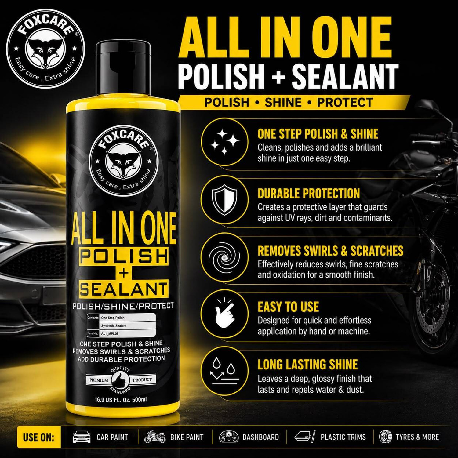 Image of FOXCARE Liquid Car Polish for Exterior, Dashboard, Metal Parts, Tyres, Leather, Headlight, Chrome Accent