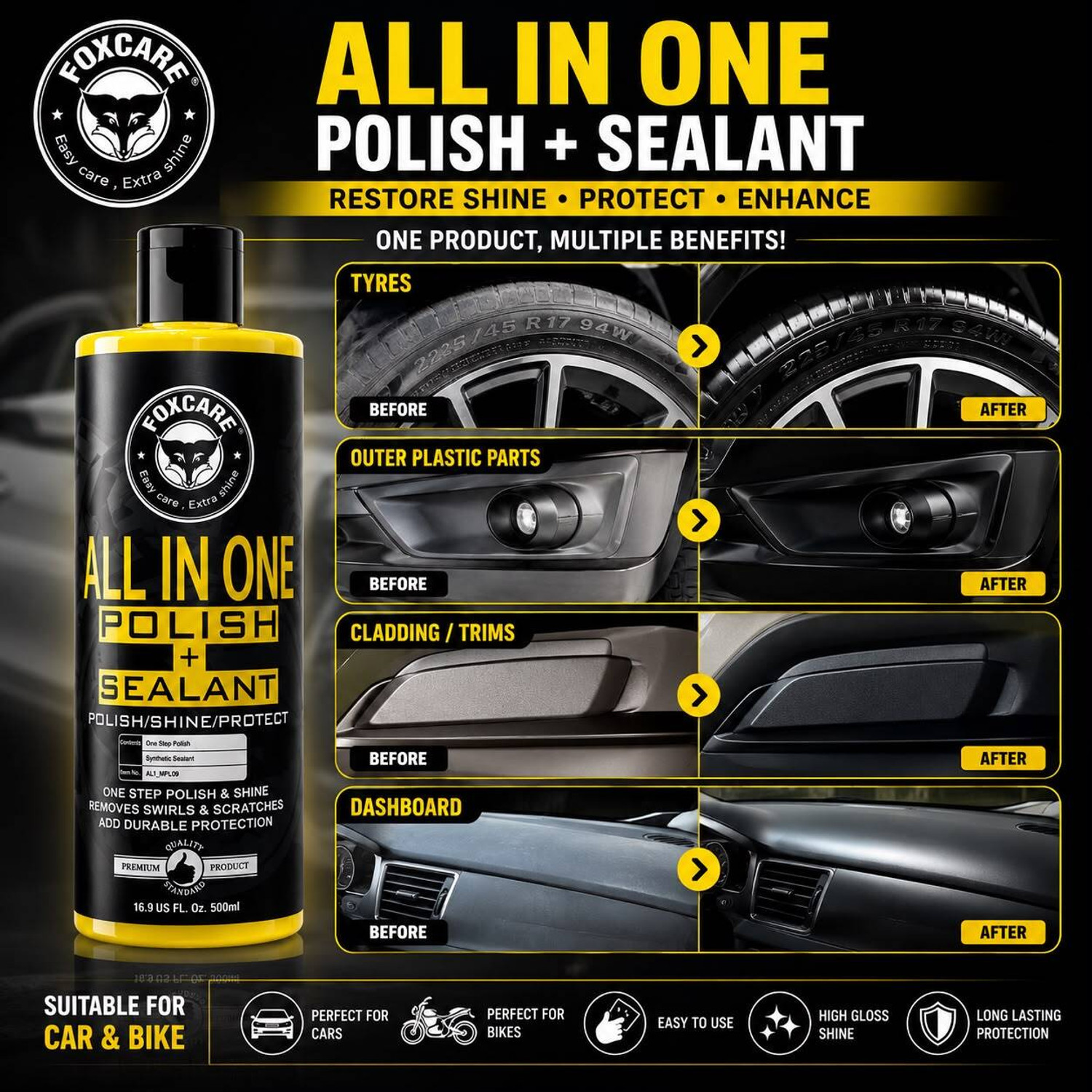 Image of FOXCARE Liquid Car Polish for Exterior, Dashboard, Metal Parts, Tyres, Leather, Headlight, Chrome Accent