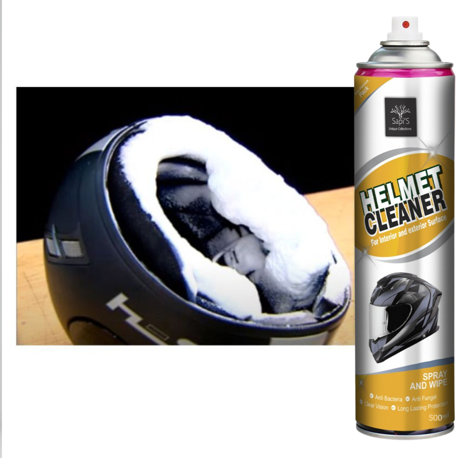 Image of SAPI'S Helemt Cleaner 500ml Helmet Cleaning Foam Spray 500ml for Bike & Motorcycle Helmets Vehicle Interior Cleaner