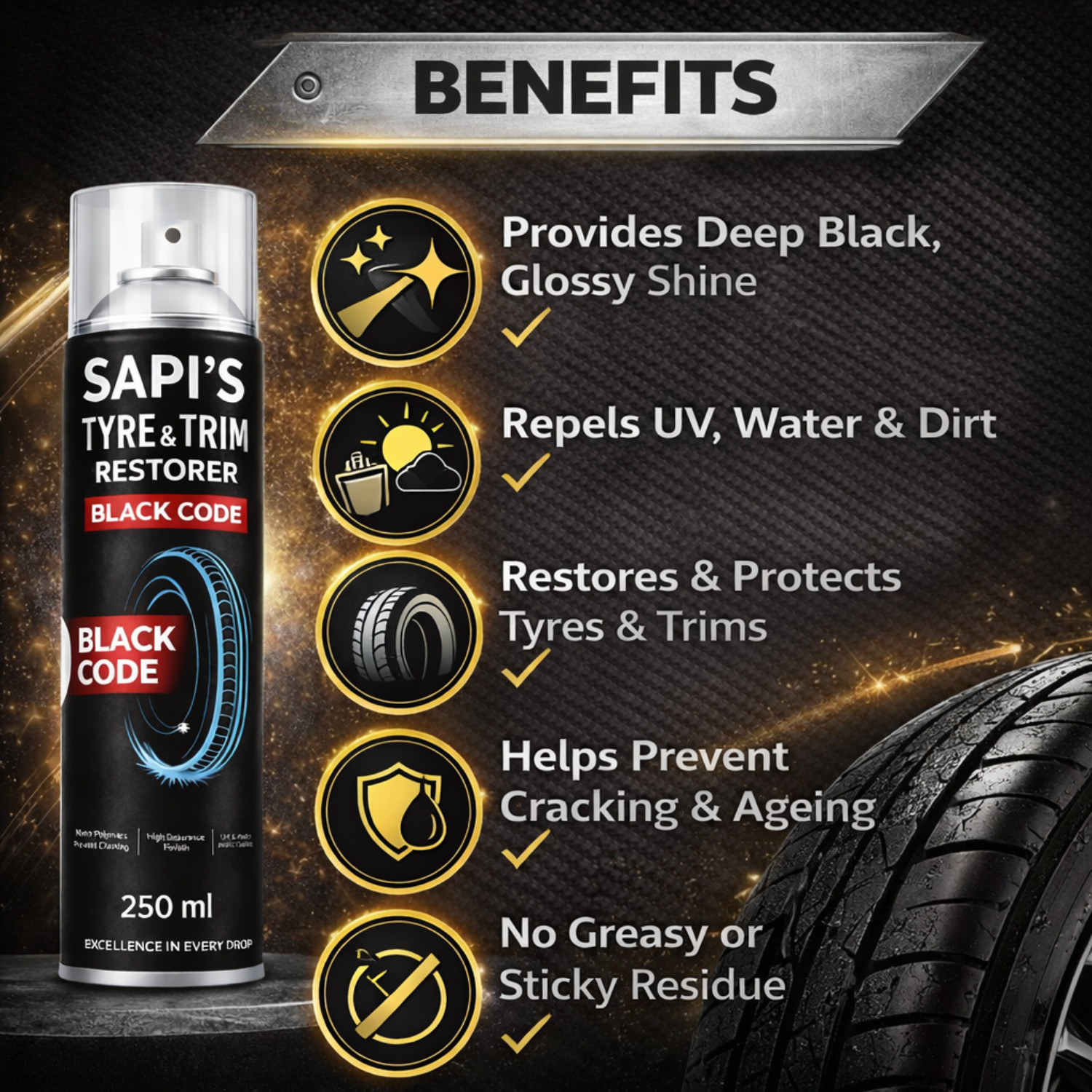 Image of SAPI'S All in One Polish 200 ml, Tyre Trim 250 ml, Chain Lube & Cleaner & Brush Vehicle Brake Cleaner