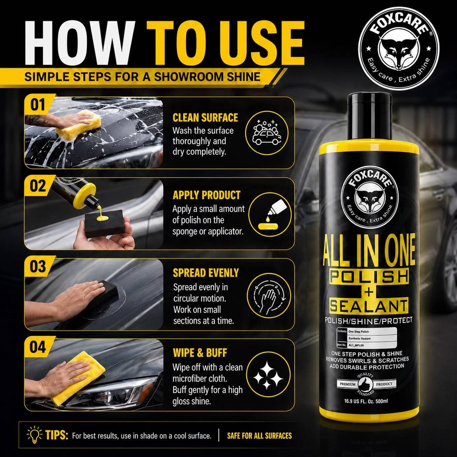 FOXCARE Liquid Car Polish for Dashboard, Exterior, Tyres - Image 3