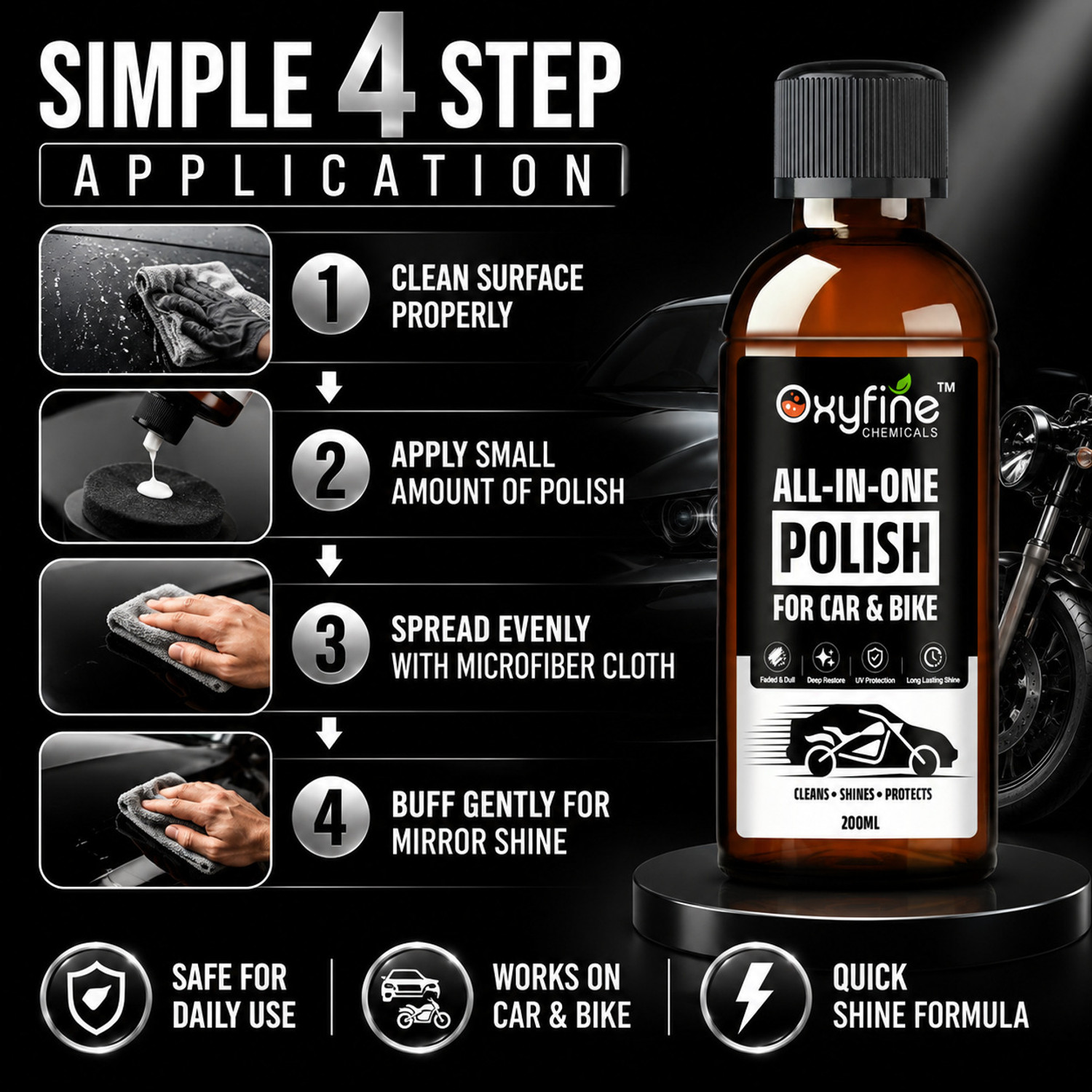 Image of Oxyfine Chemicals Liquid Car Polish for Dashboard, Exterior, Tyres, Metal Parts, Leather
