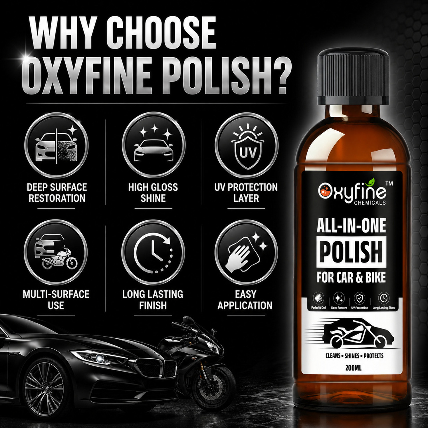 Image of Oxyfine Chemicals Liquid Car Polish for Dashboard, Exterior, Tyres, Metal Parts, Leather