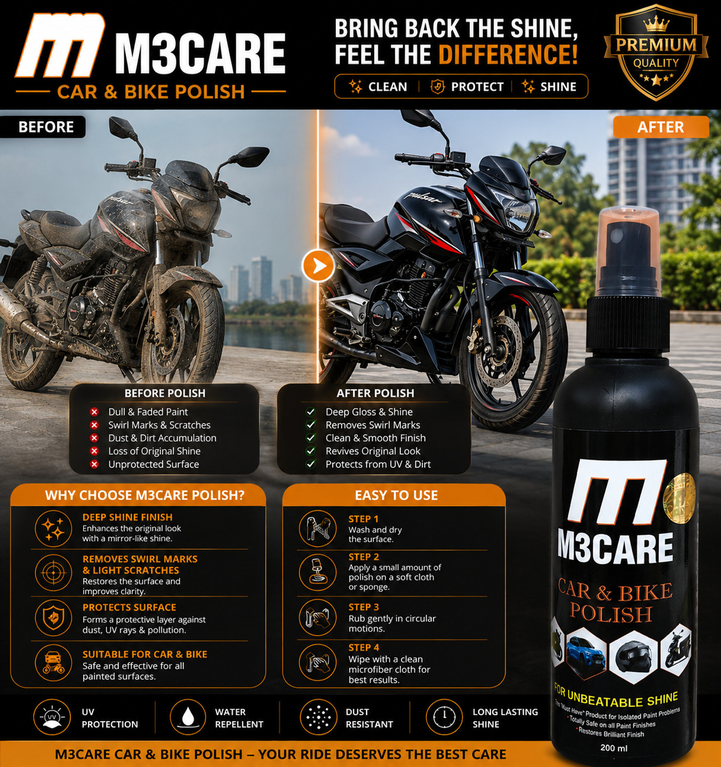Image of M3CARE Liquid Car Polish for Bumper, Chrome Accent, Dashboard, Exterior, Headlight, Leather, Metal Parts, Tyres