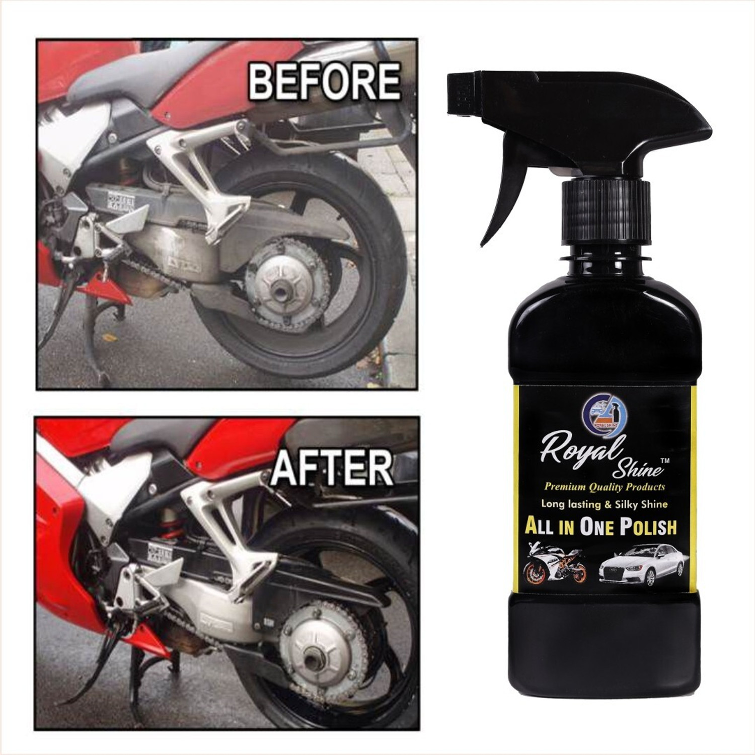 Image of Royal Shine Liquid Car Polish for Bumper, Chrome Accent, Dashboard, Exterior, Headlight, Leather, Metal Parts, Tyres