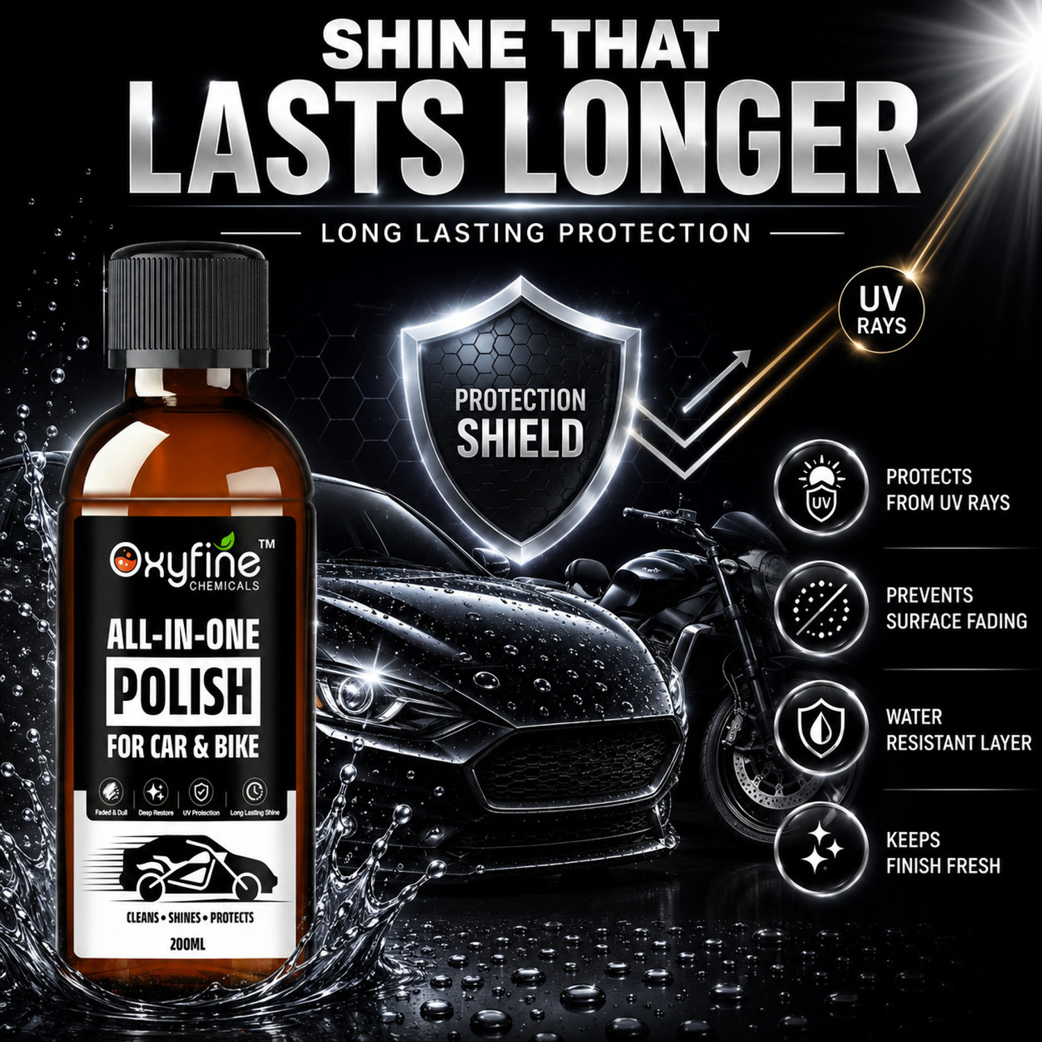 Image of Oxyfine Chemicals Liquid Car Polish for Dashboard, Exterior, Tyres, Metal Parts, Leather