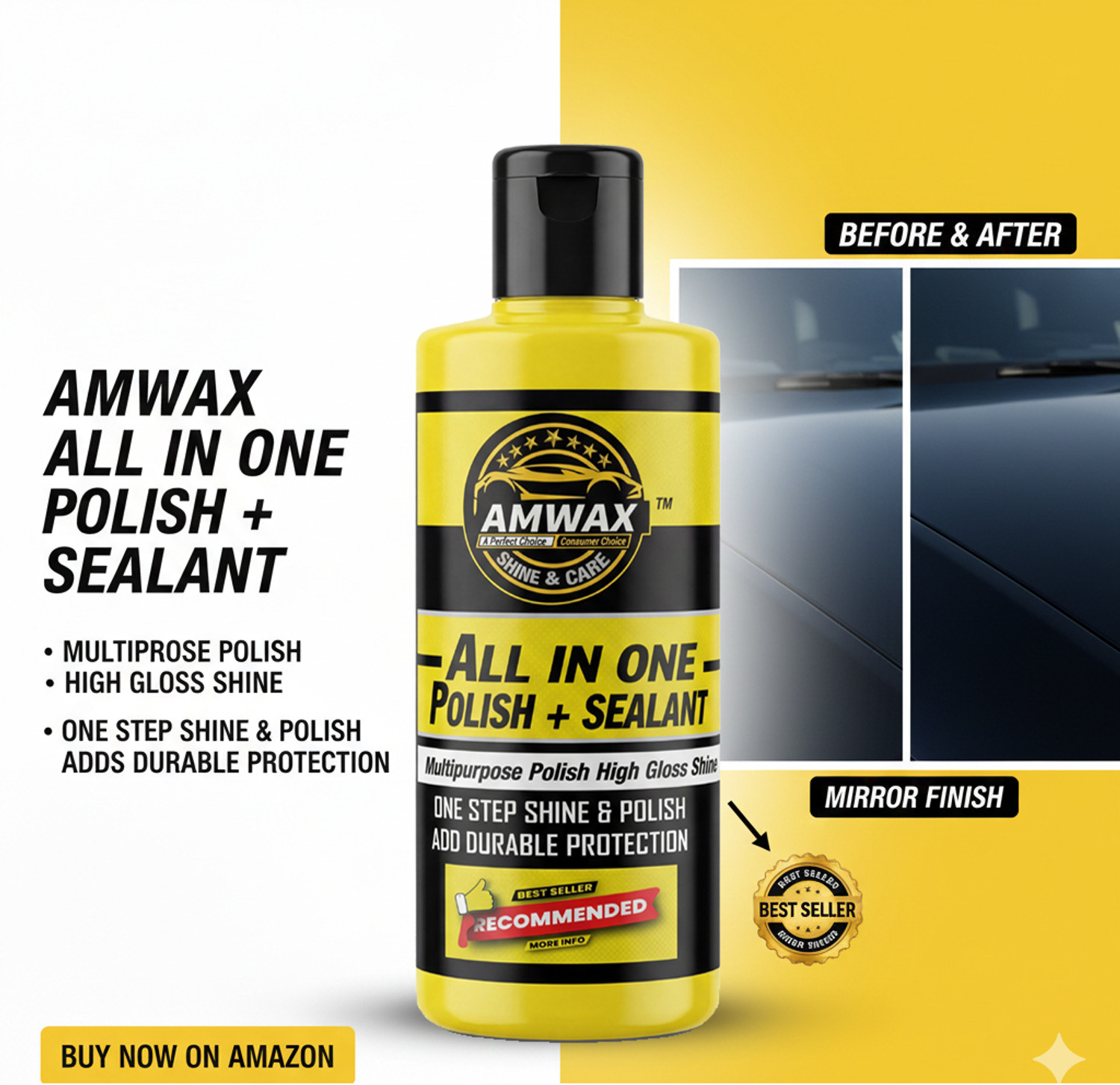 Image of amwax All In One Polish And Sealant 500 ml, Tyre Shine Glossy 500 ml, 2 Applicator Combo