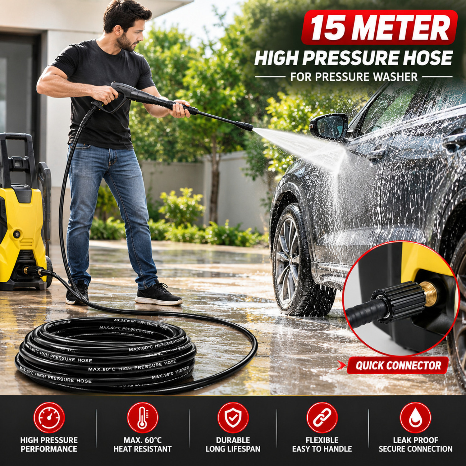 Image of RanPra 15 Meter High Pressure Washer Hose Pipe with Connector, Black Pressure Washer