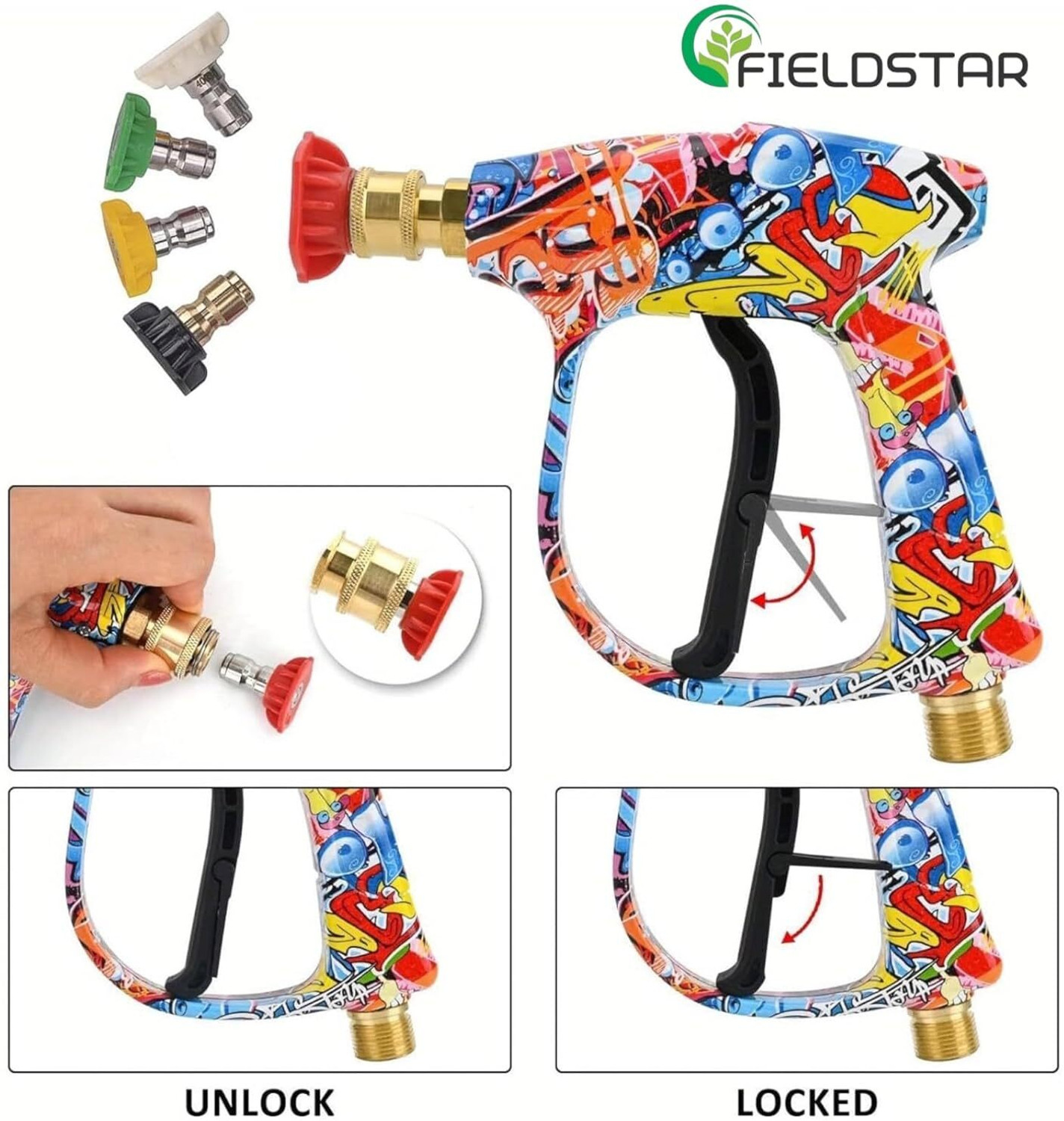 Image of Fieldstar High Pressure Washer Gun 3000 PSI | Adjustable Nozzle | 5 Tips | Lock Trigger X Pressure Washer