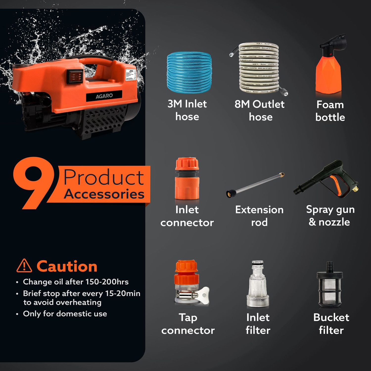 Image of AGARO Supreme 1800 Watt, 120 Bar, 6.5L /Min Flow Rate, 8 Mtr Hose, Car & Bike, High Pressure Washer