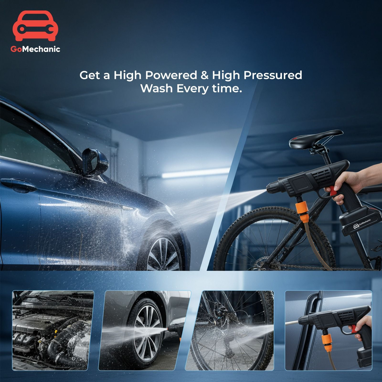Image of GoMechanic 220 Watts Motor, 2 Batteries and a 5M Hose Pipe Wireless Pressure Washer