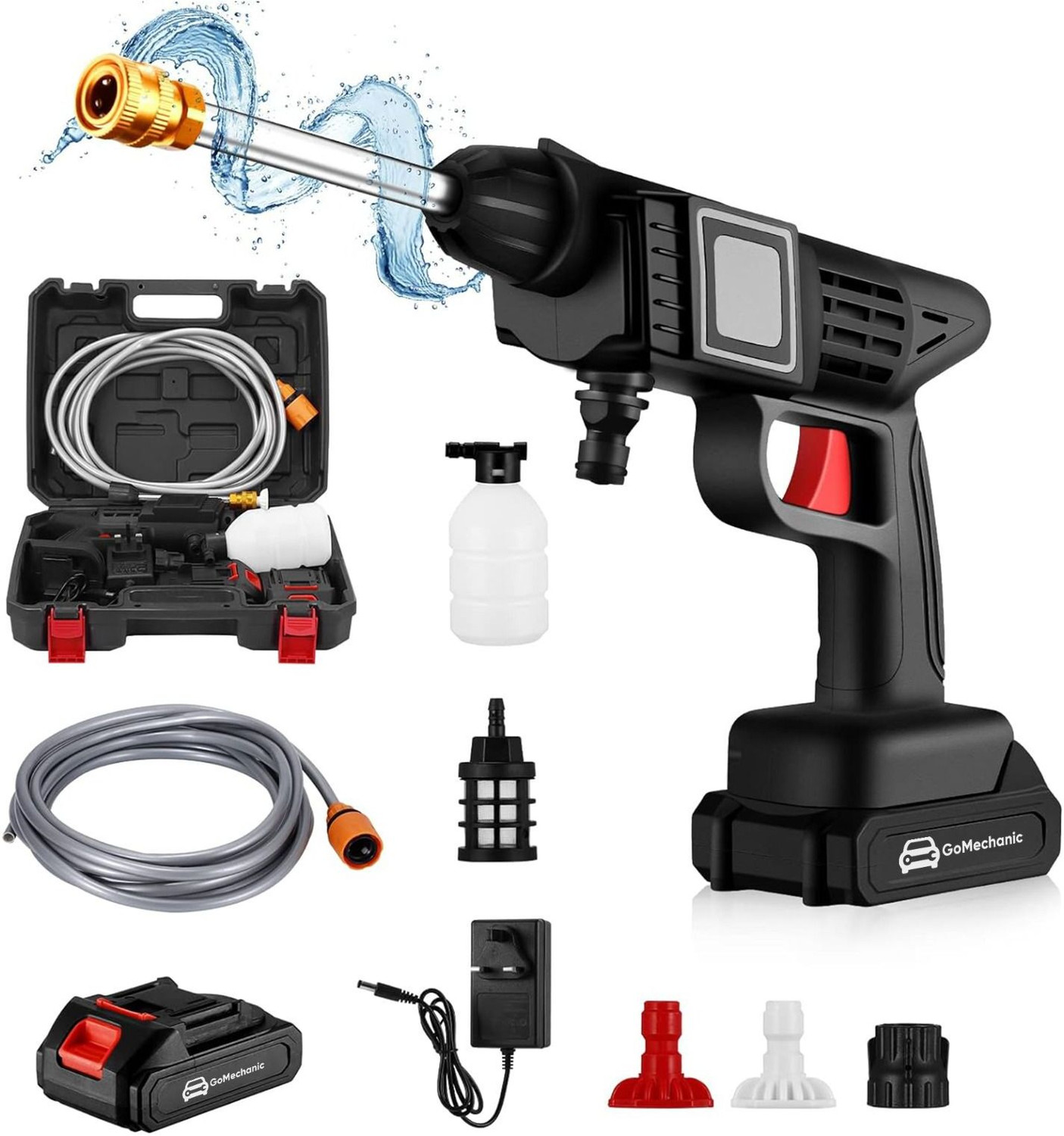 Image of GoMechanic 220 Watts Motor, 2 Batteries and a 5M Hose Pipe Wireless Pressure Washer