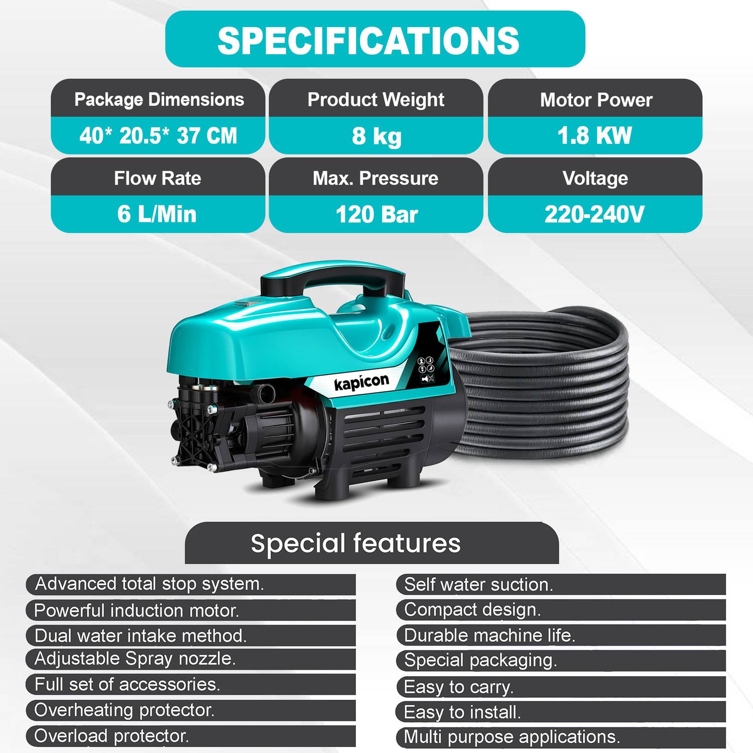 kapicon KP-5 1800W 120 Bar 6L/Min High Pressure Washer - Image 3
