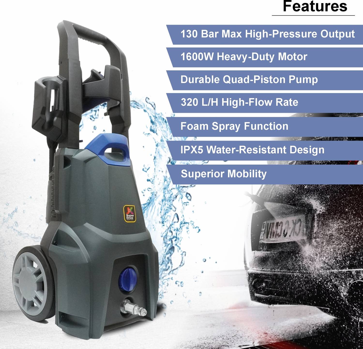 JK Super Drive Aquablast 1600W 130 Bar Pressure Washer - Image 3