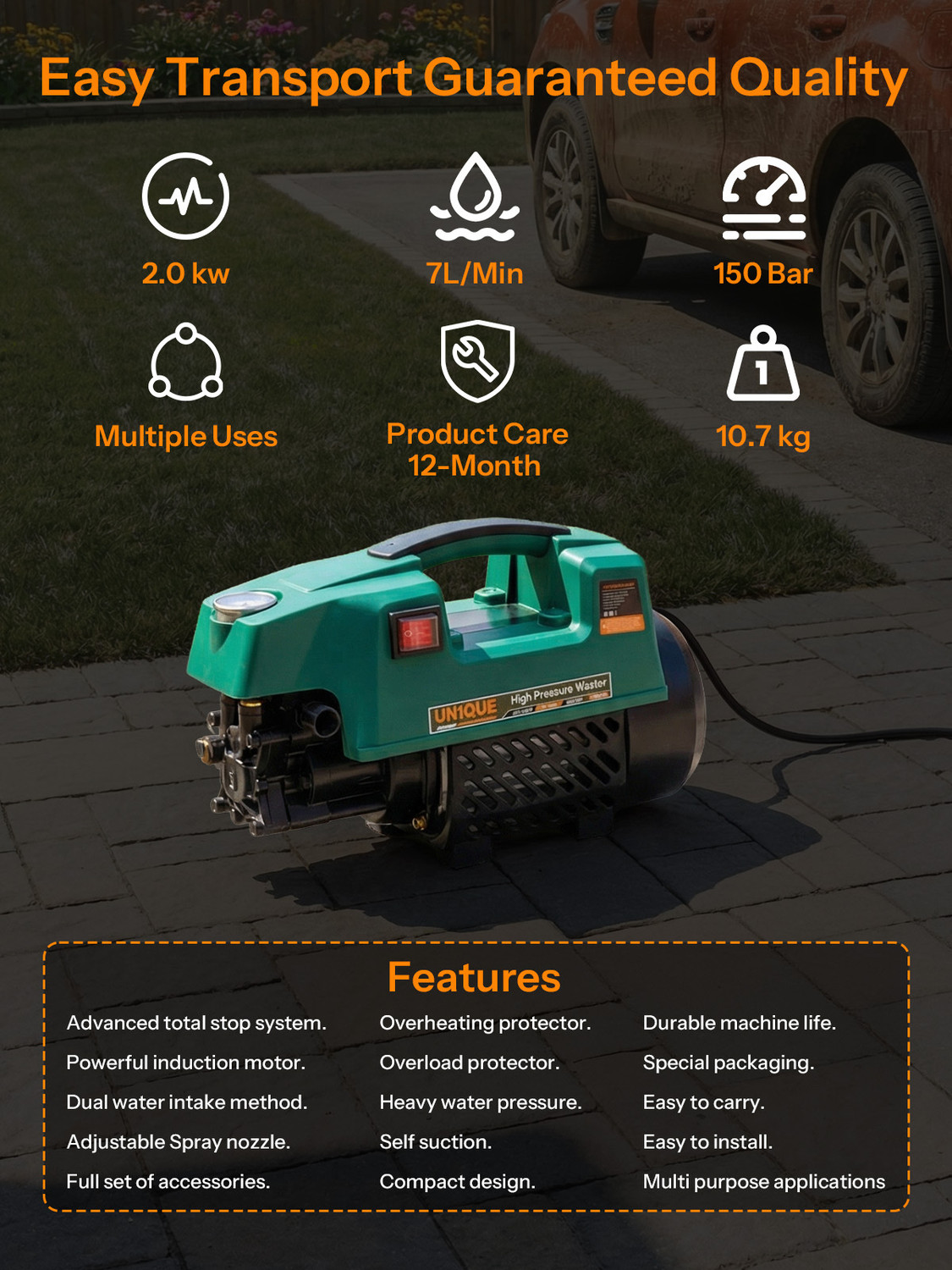 Image of UN1QUE 2000W | 150 Bar | 7L /Min Max Flow | For Home Cleaning, Car & Bike Electric High Pressure Washer