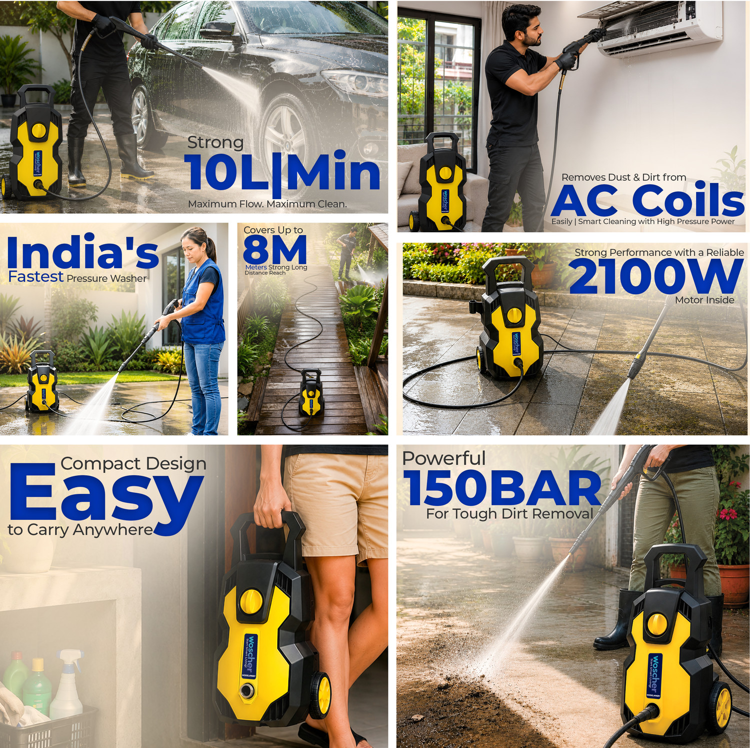 Image of Woscher 968Y UPRIGHT PRO Washer High Pressure Pump Machine, 2100 Watts,150 Bars, 10L /Min Pressure Washer