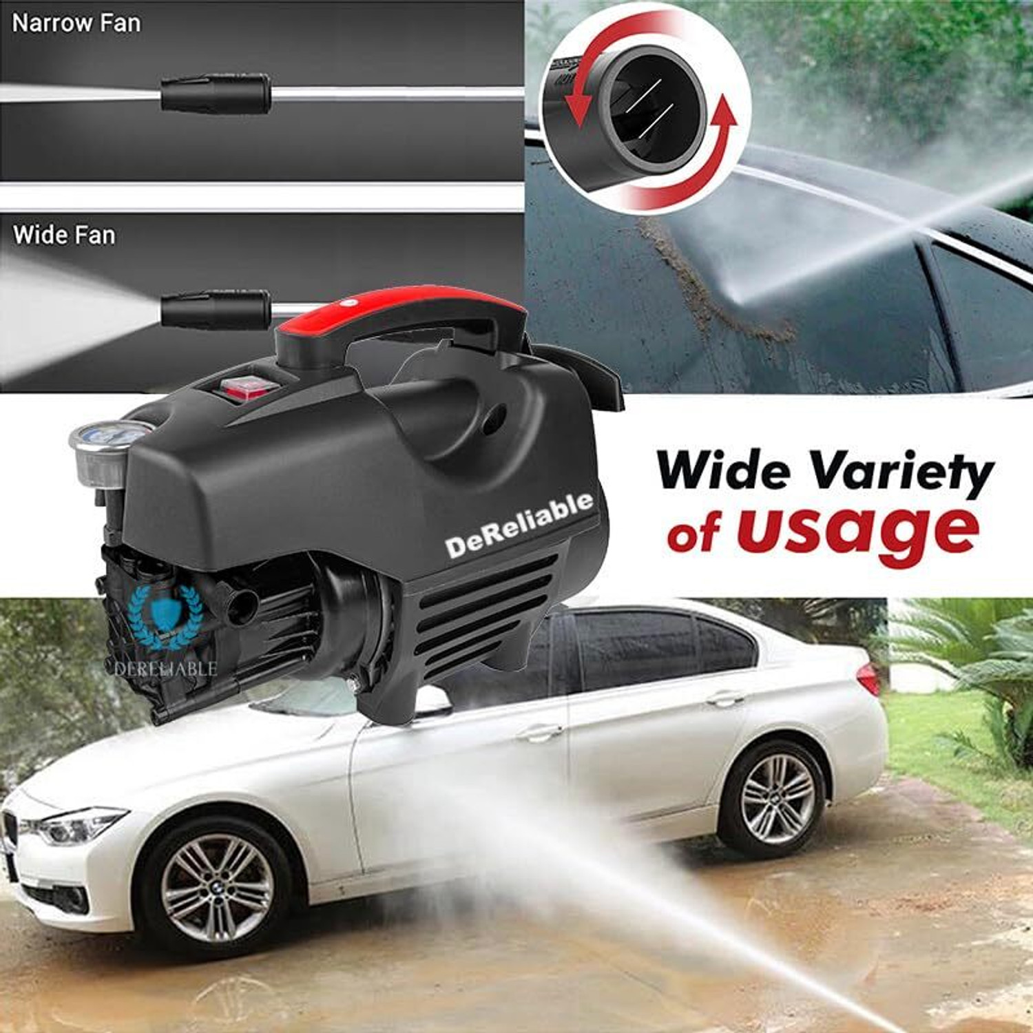 Image of DeReliable 2200W 180Bar High pressure Washer with 10 Meter hose pipe 10L /H Flowrate, Gunjet Pressure Washer